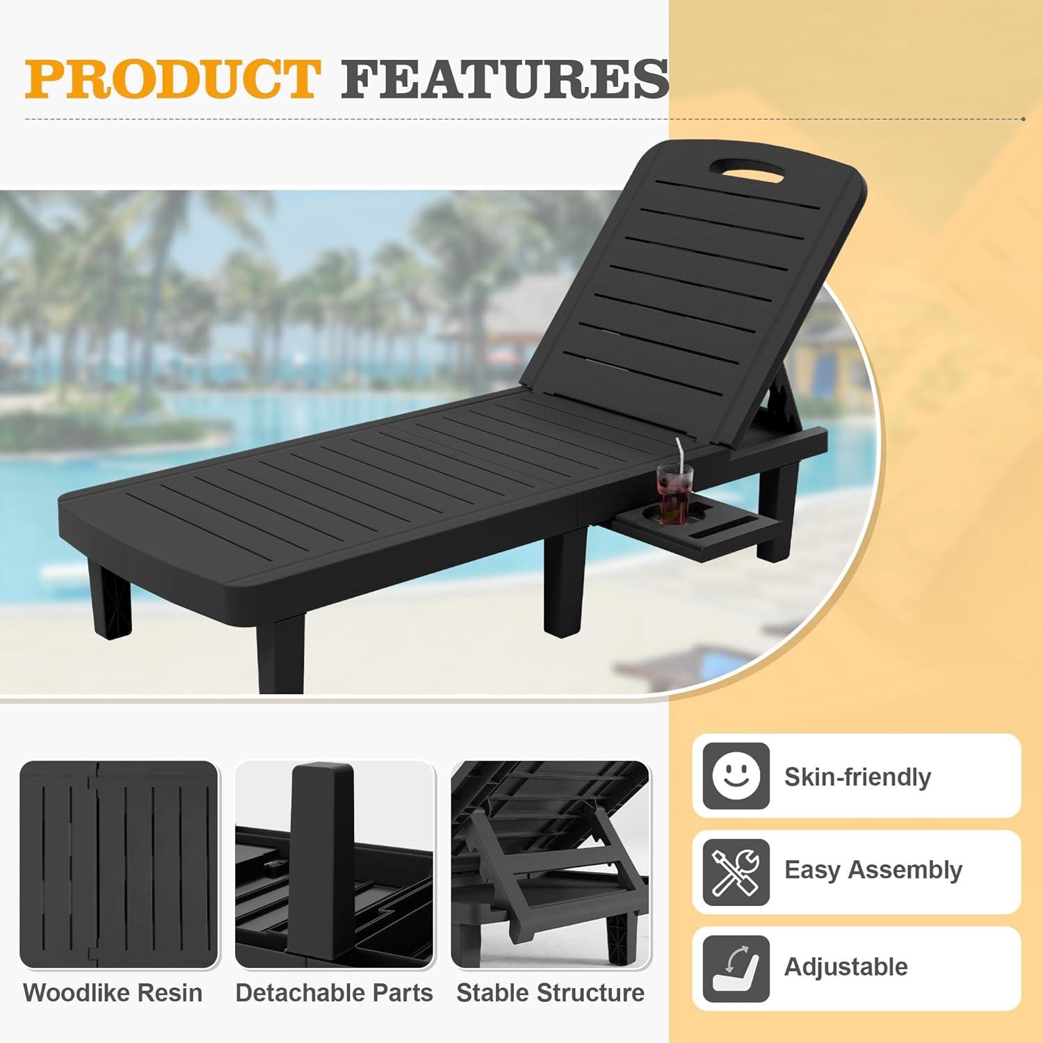 Patio Lounge Chairs Set of 2, Outdoor Chaise Lounge Chair with 4 Backrest Angles, Patio Foldable Reclining Chair Furniture for Poolside, Deck, Backyard, Black