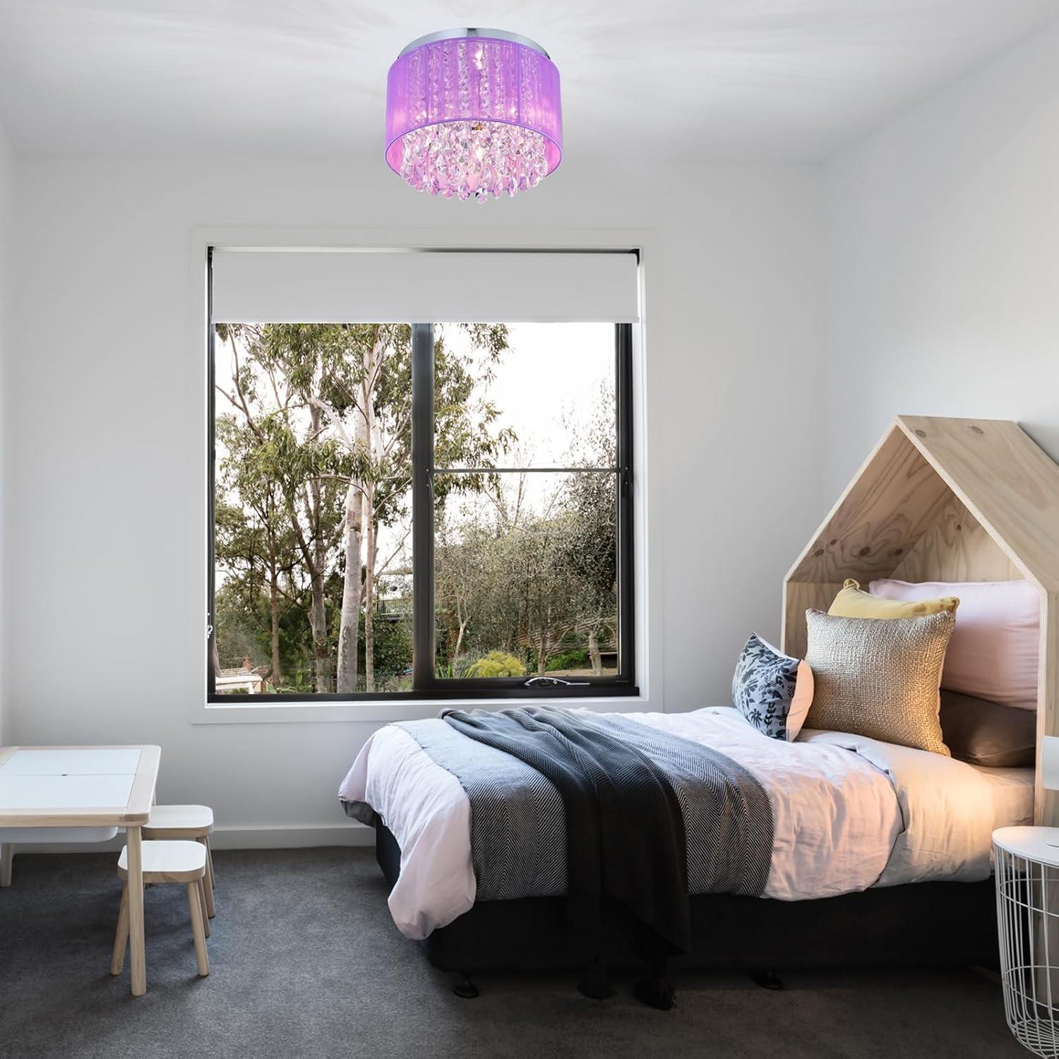 Pink Chandelier Drum Flush Mount Chandelier Crystal Ceiling Light Fixture 3 Light Bedroom Chandelier