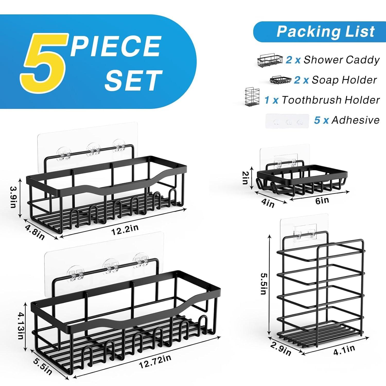 Shower Caddy 5 Pack,Adhesive Shower Organizer for Bathroom Storage&Home Decor&Kitchen,No Drilling,Large Capacity,Rustproof Stainless Steel Bathroom Organizer,Shower Shelves for Inside Shower-Standard