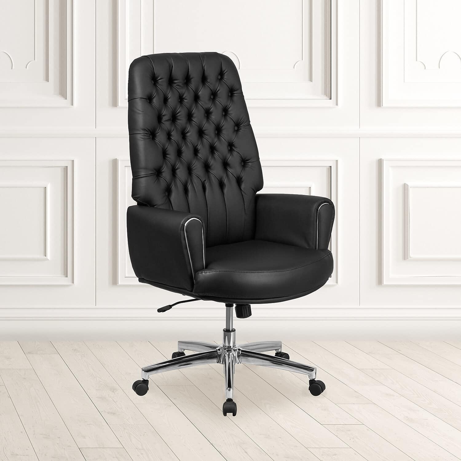 Flash Furniture Hansel High Back Traditional Tufted Black LeatherSoft Executive Swivel Office Chair with Silver Welt Arms