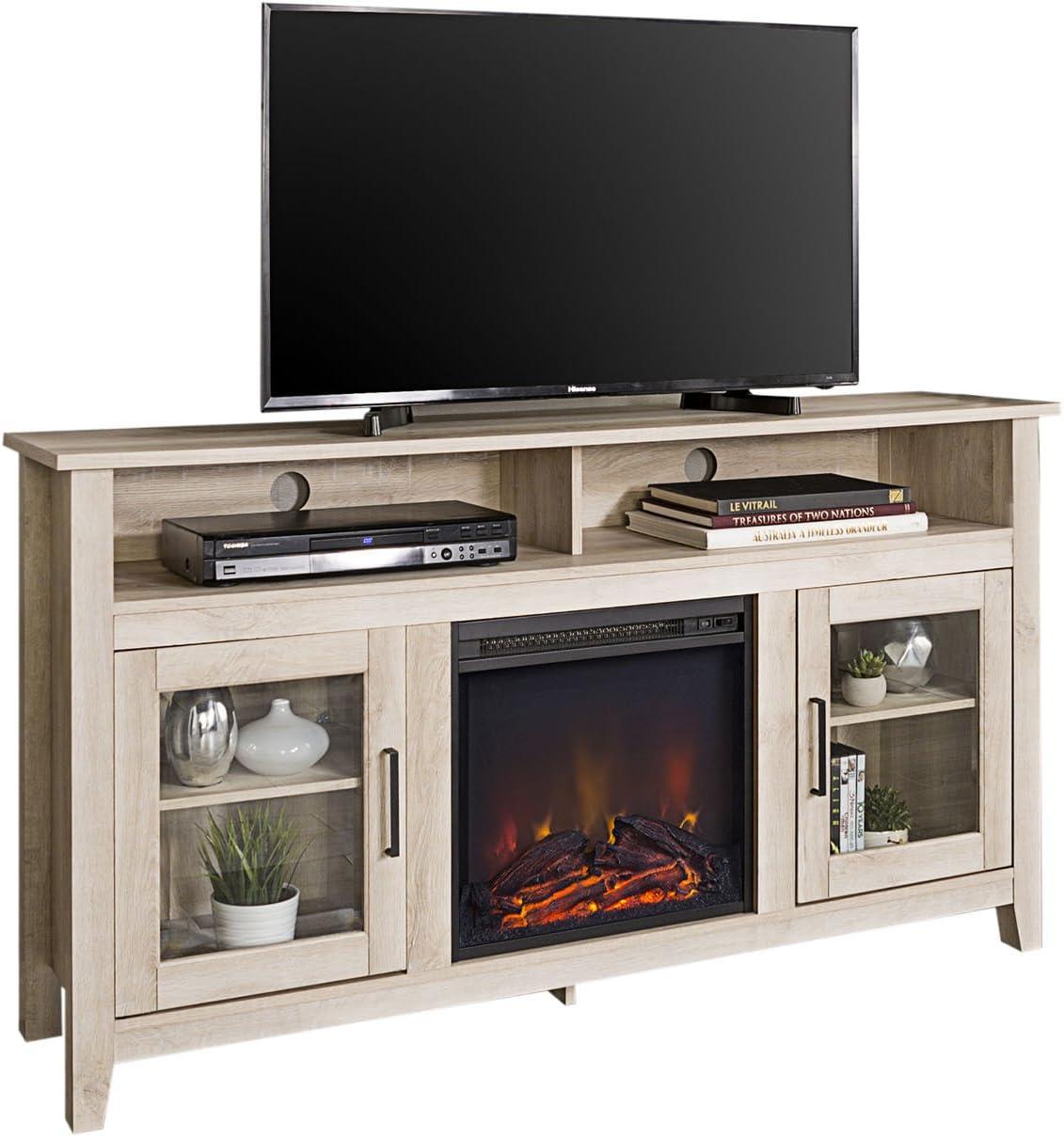 Walker Edison Glenwood Rustic Farmhouse Glass Door Highboy Fireplace TV Stand for TVs up to 65 Inches, 58 Inch, White Oak