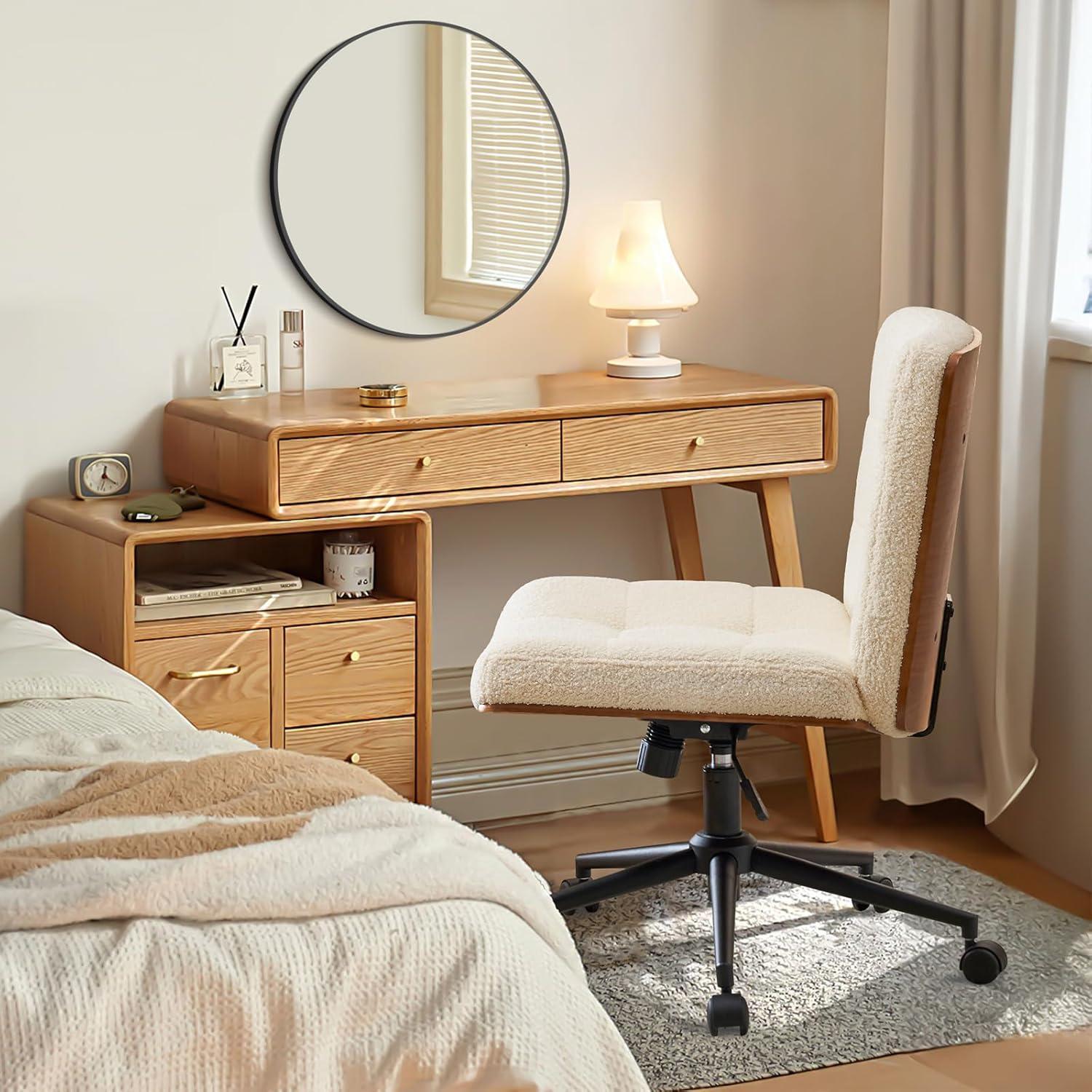 Armless Home Office Task Desk Computer Chair No Wheels PU-Padded Adjustable Swivel Vanity Chair lvory white