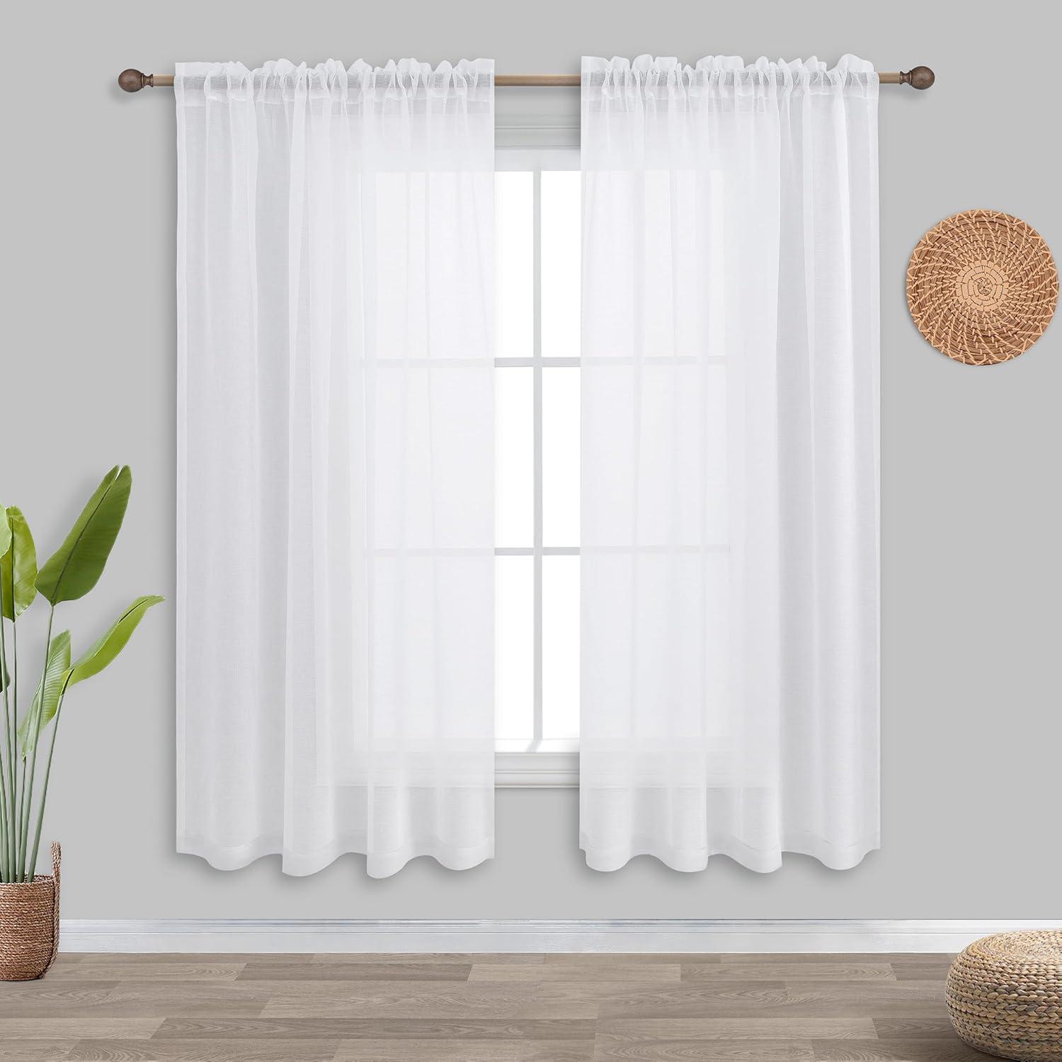 White Linen Semi-Sheer Light-Filtering Rod Pocket Curtains, 63" Length