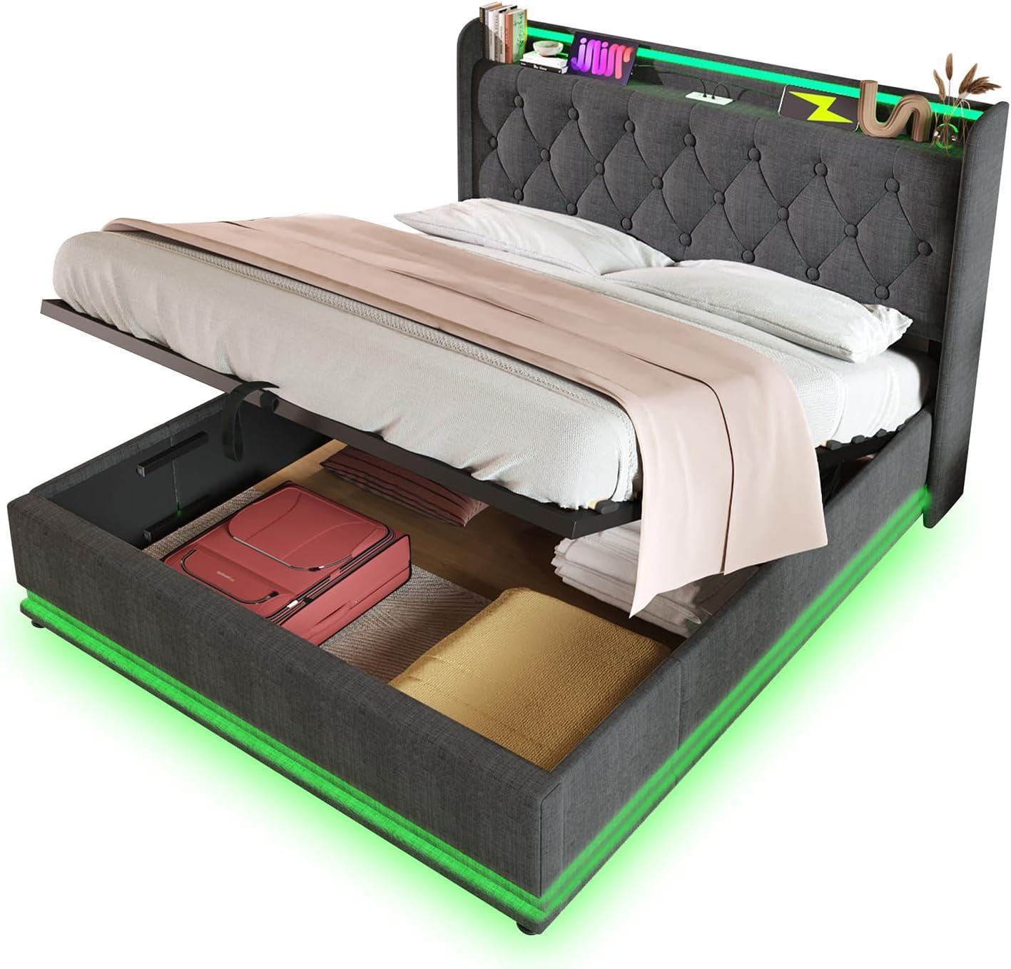 King Size Lift up Storage Platform Bed with 360 Degree Surround LED Light, Bedroom Upholstered Hydraulic Smart Bed Frame, No Noise, No Spring Mattress Required, Easy to Assemble (Gray, King)