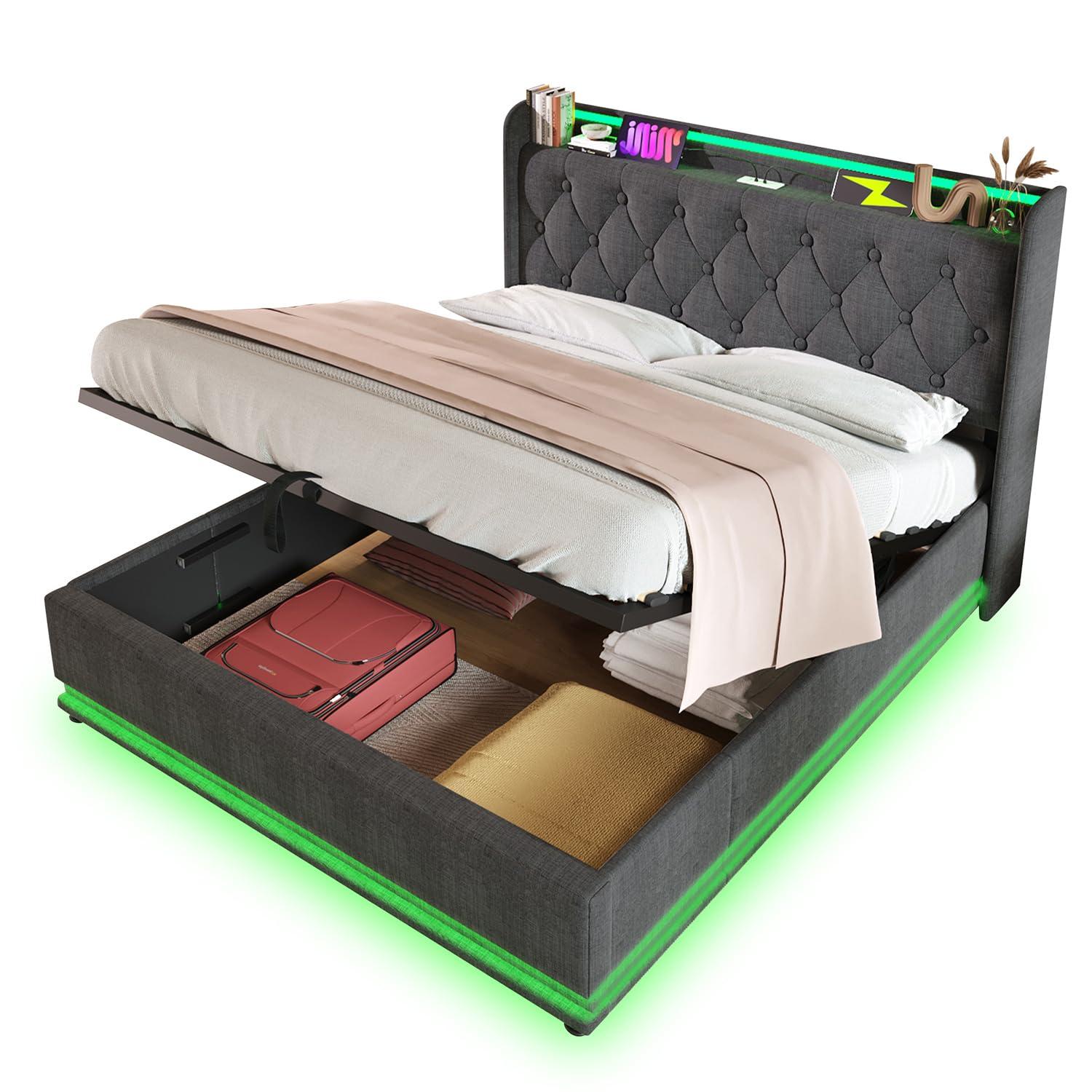 King Size Lift up Storage Platform Bed with 360 Degree Surround LED Light, Bedroom Upholstered Hydraulic Smart Bed Frame, No Noise, No Spring Mattress Required, Easy to Assemble (Gray, King)