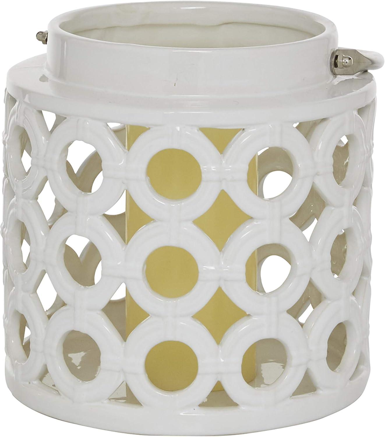 DecMode White Ceramic Circles Decorative Candle Lantern with Cut Out Design