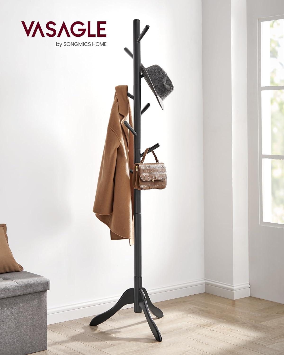 Coat Rack Free Standing, Coat Stand, Hall Coat Tree with 8 Hooks, Black
