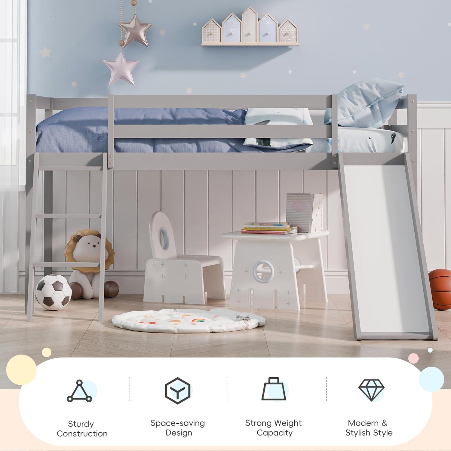 Harper & Bright Designs Kids Loft Bed with Slide,Twin Size Low Loft Beds for Girls Boys Solid Pine Wood Toddler Loft Bed with Ladder and Guard Rails,White