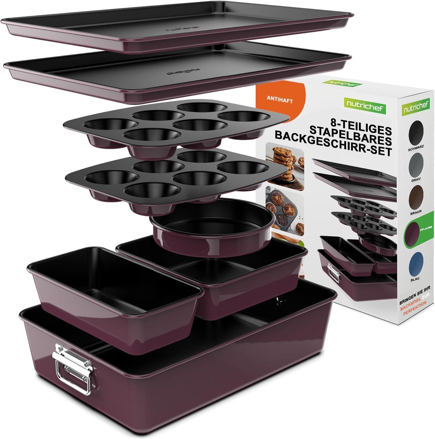 NutriChef 8-Piece Nonstick Stackable Bakeware Set W/ Non-Stick Coating, 450°F Oven Safe, (Plum)