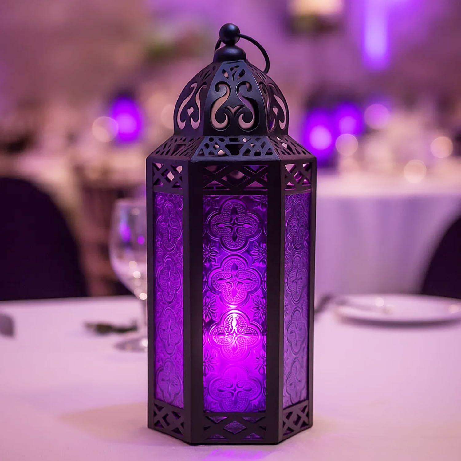 VELA LANTERNS 10.5" Moroccan Lamp Lantern Decorative Candle Holder for Indoor Outdoor Home Decor, Patio, Weddings, Ramadan Decorations, Black Metal, Purple Glass, Medium, Set of 3