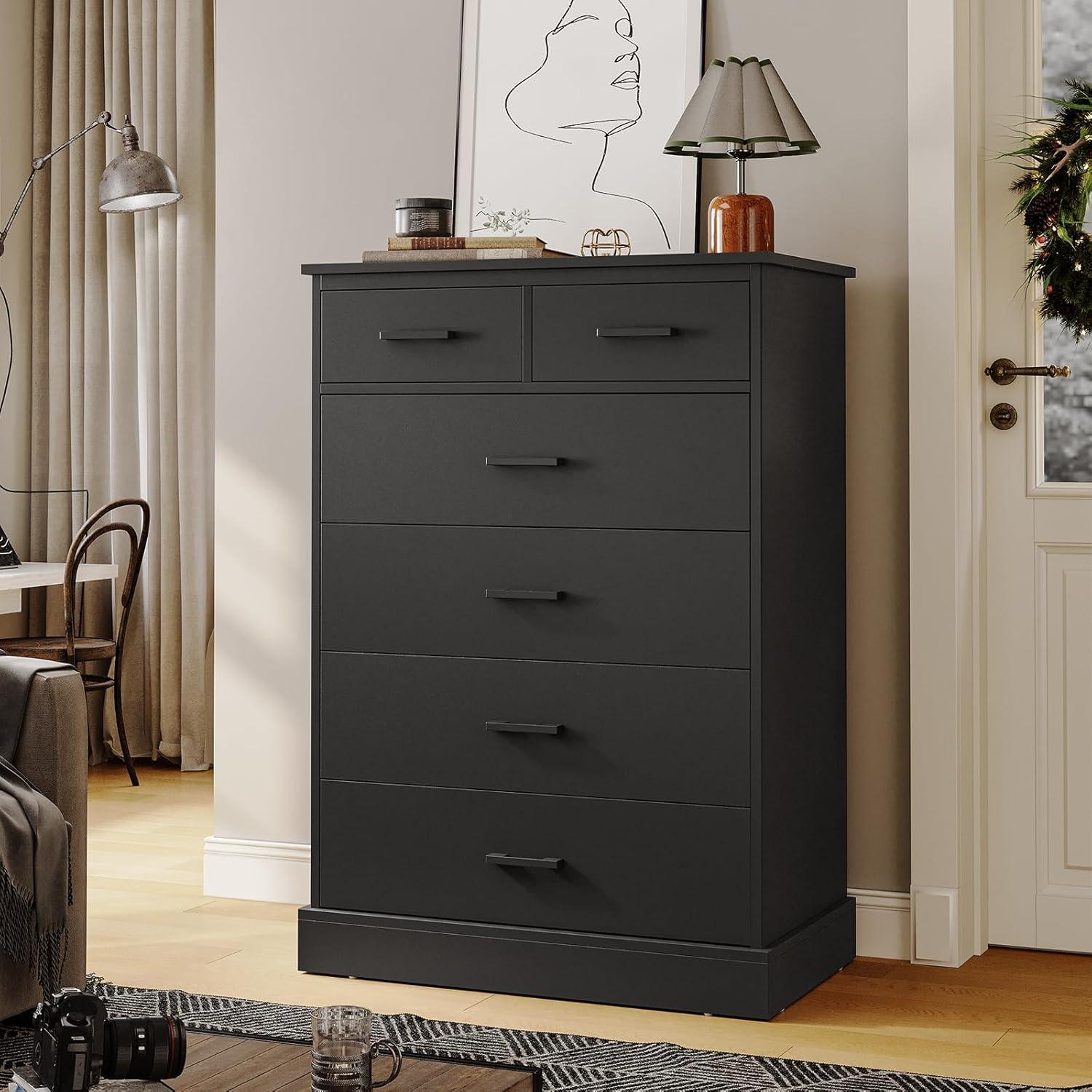 Black Dresser for Bedroom, 6 Drawers Dresser Wood Storage Tower Clothes Organizer, Chest of 6 Drawers, Large Capacity Storage Cabinet, Tall Dresser for Bedroom, Hallway, Entryway