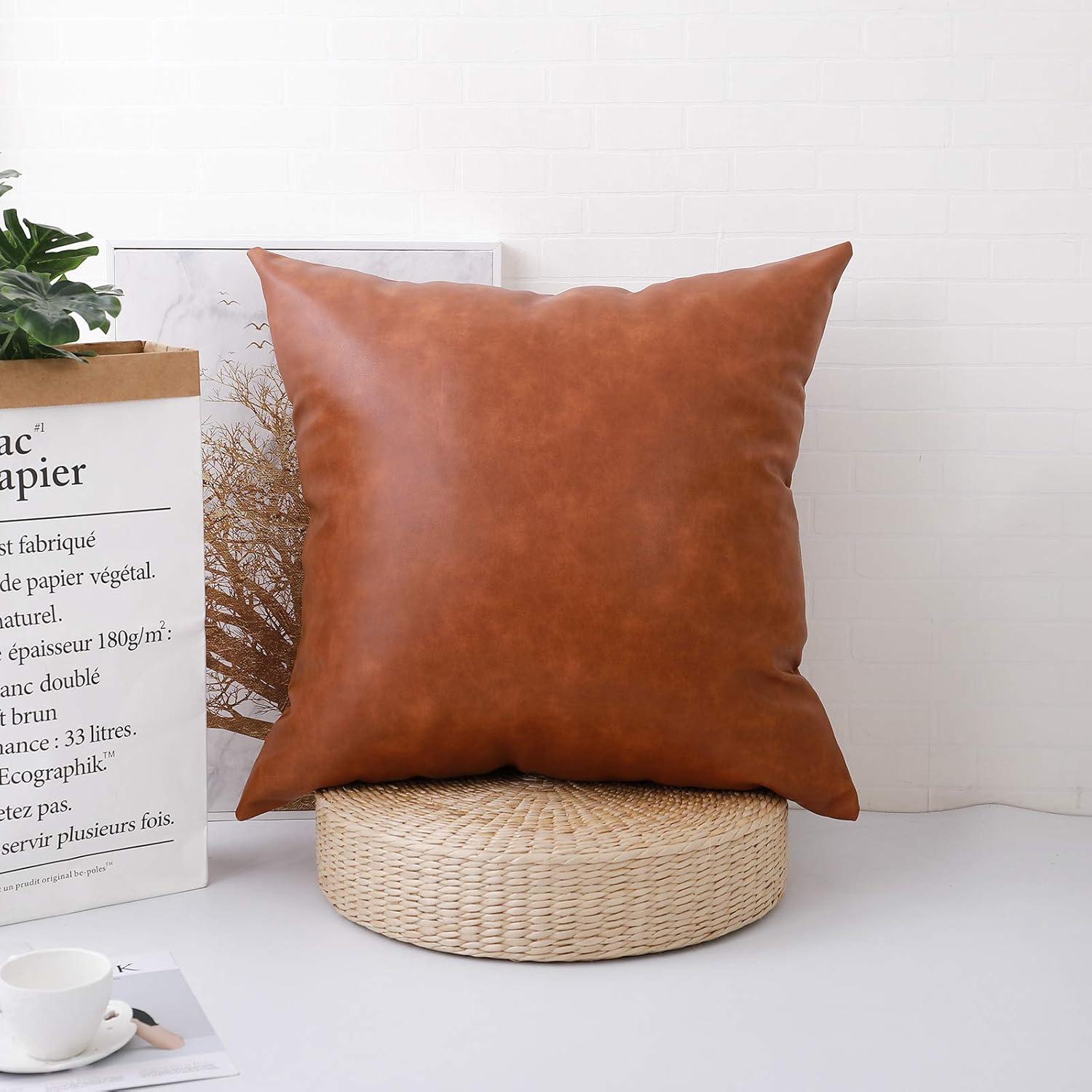 SEEKSEE Faux Leather Lumbar Pillow Cover 12x20 inch, Modern Country Style Decorative Lumbar Pillow for Bedroom Living Room Sofa Brown Accent Pillows.
