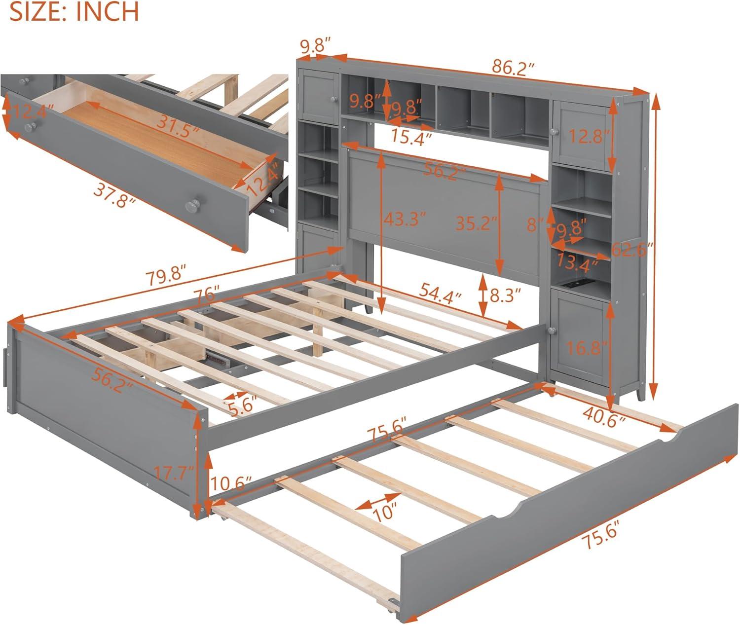MODERNLUXE Queen Size Bed Frame with Trundle,Solid Wood Platform Bed with 10 Shelves,2 Storage Drawers,4 Cabinets,Charging Station and Bookcase Headboard,No Box Spring Needed/Noise Free,Gray