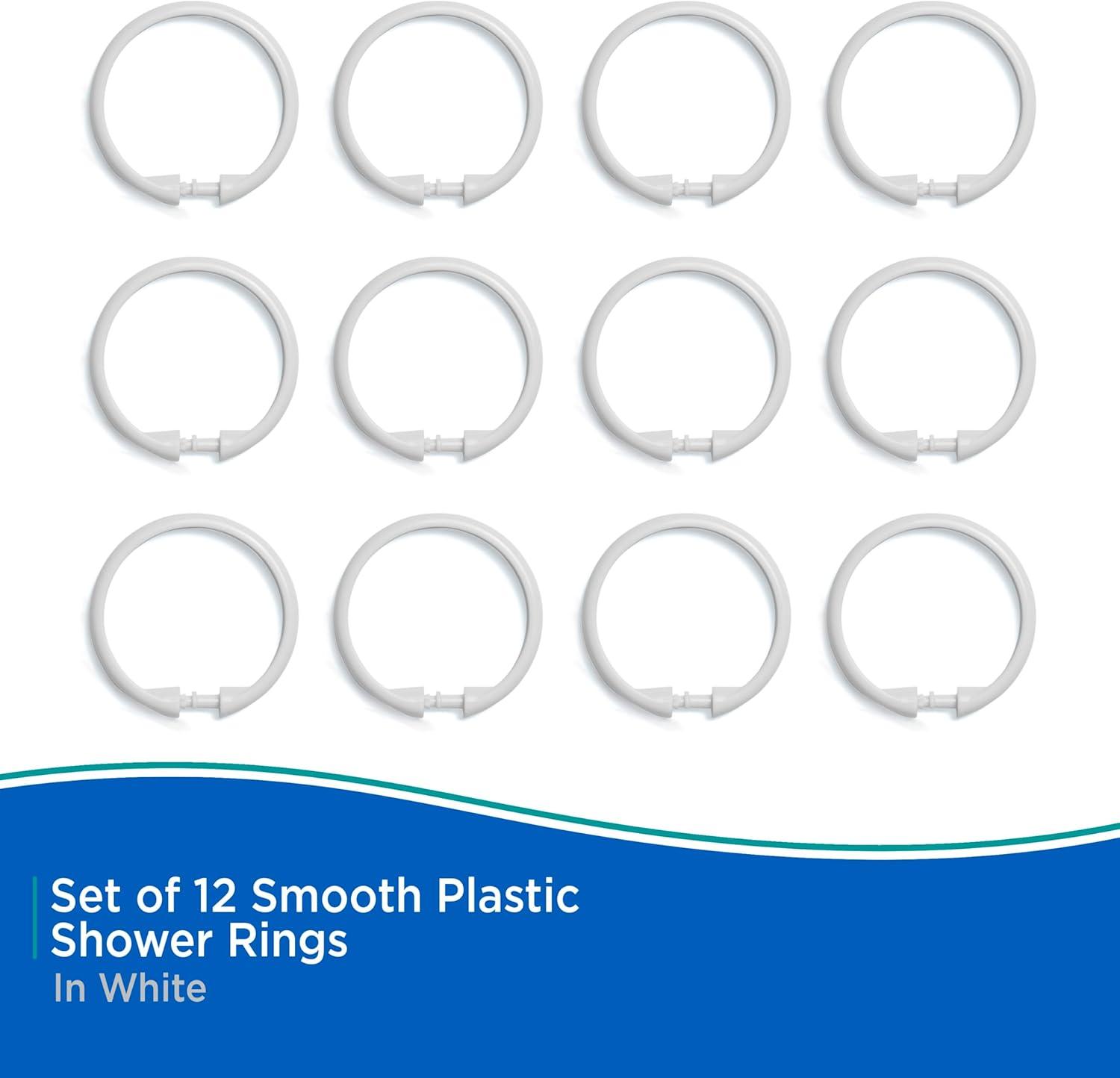 Kenney Rust-Proof Smooth Plastic Shower Curtain Rings, Set of 12, White