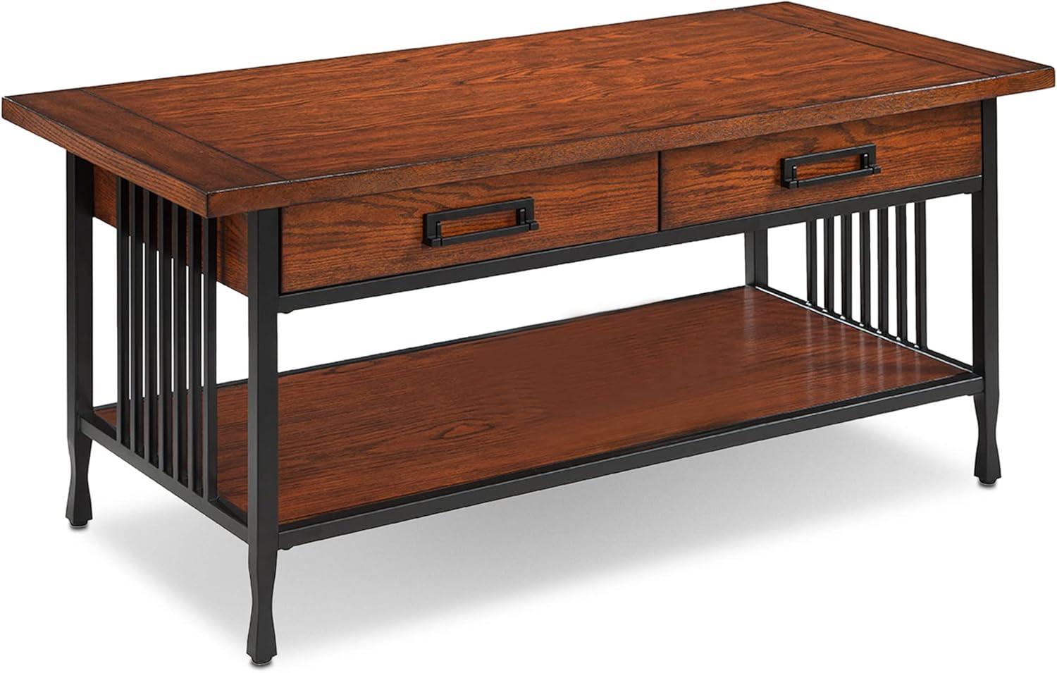 Leick Home 11204 Ironcraft Two Drawer Rustic Coffee Table with Shelf, Mission Oak and Black