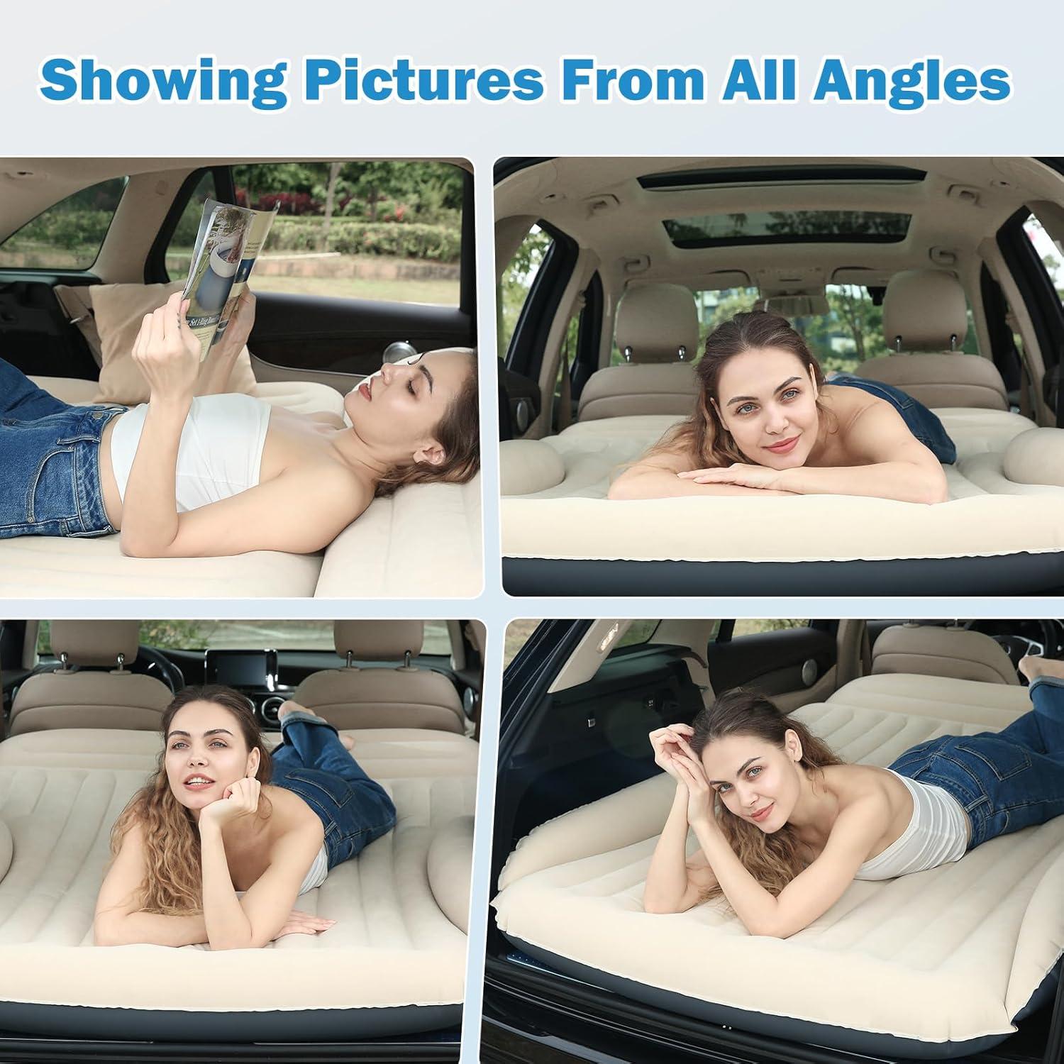 Beige Inflatable Car Mattress with Built-in Pillow and Pump