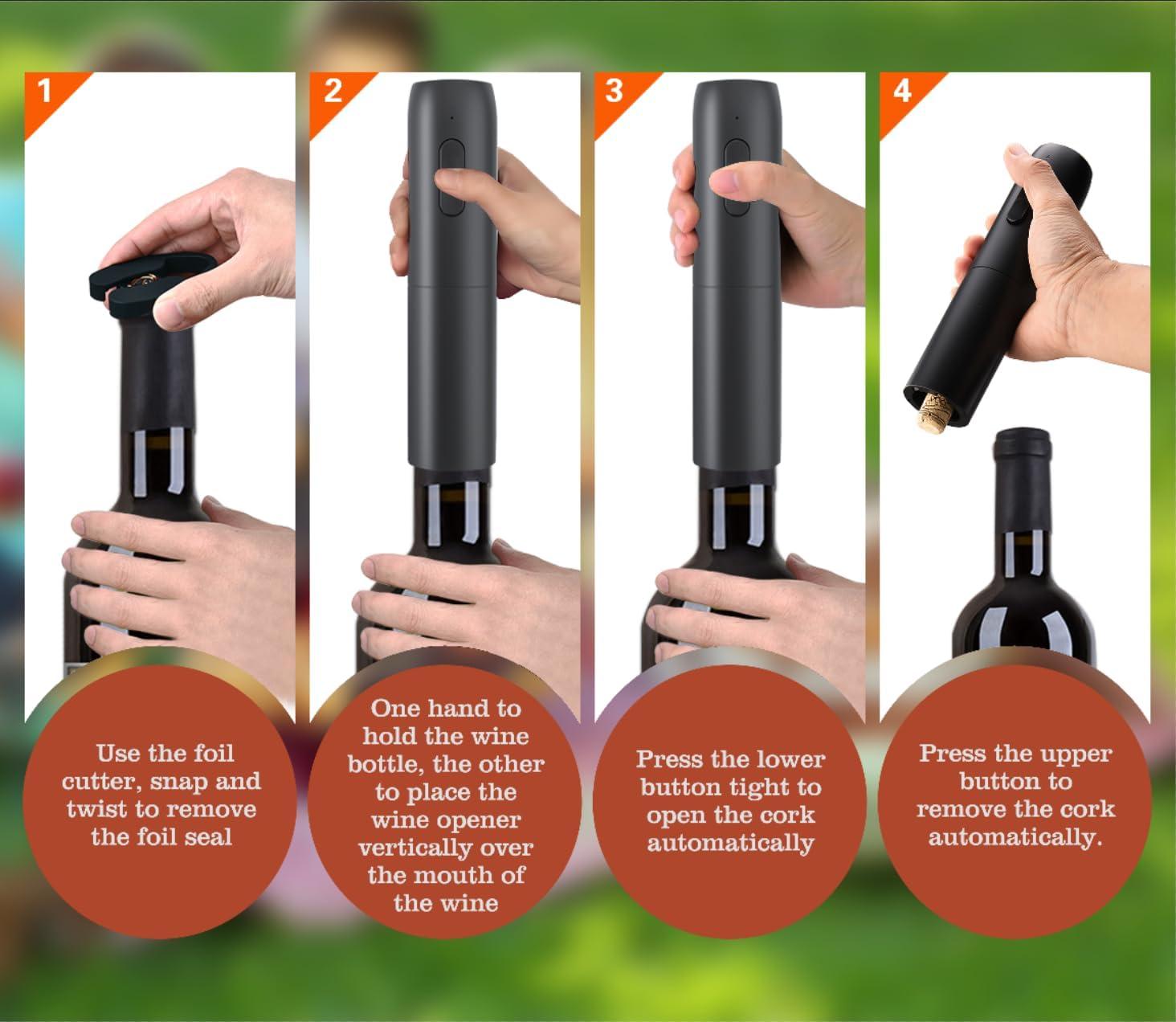 Rechargeable Electric Wine Opener, 5 in 1 set with Automatic Electric Wine Bottle Corkscrew Opener, Foil Cutter, Vacuum Stopper, Wine Pourer and Storage Charging Stand