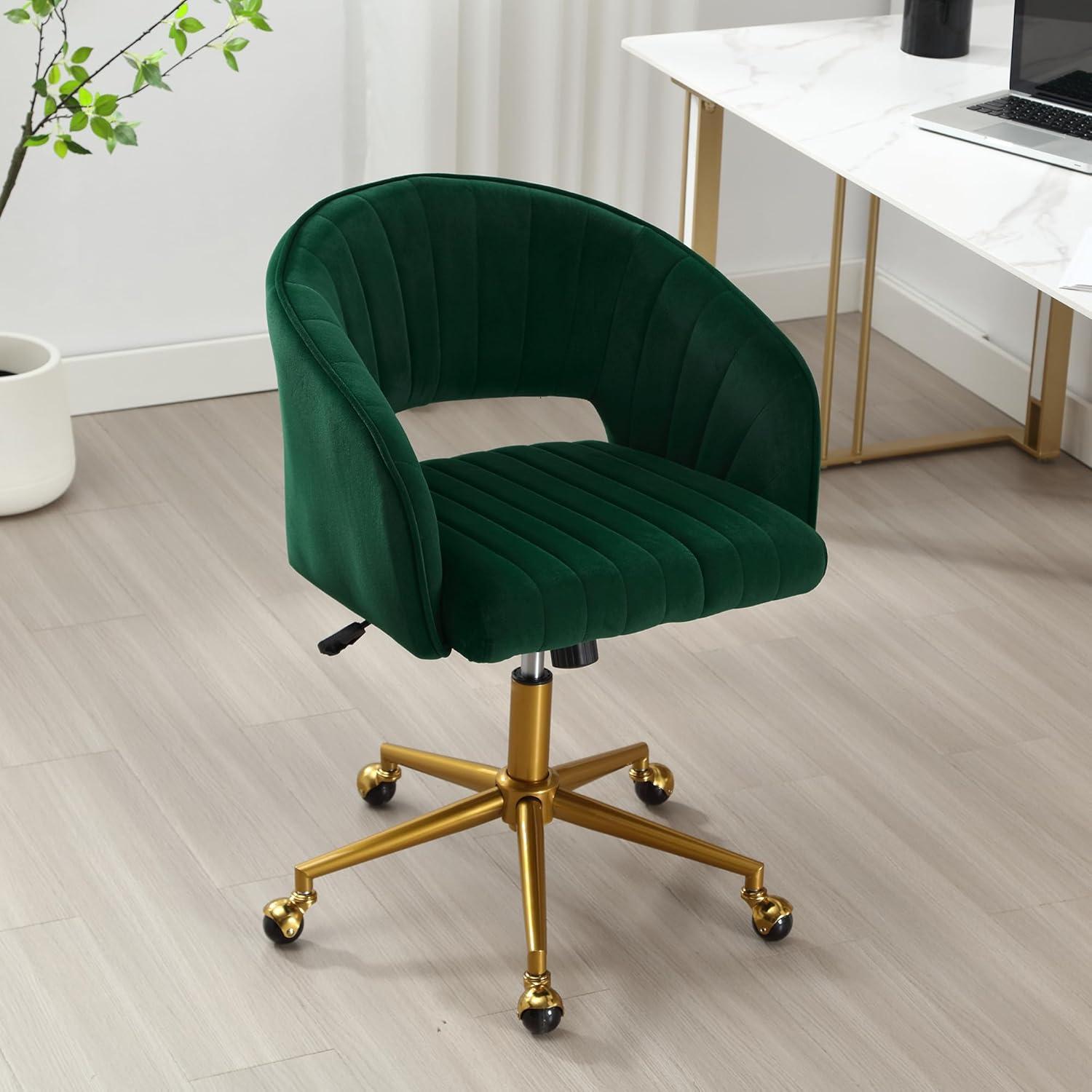 Green Velvet Task Chair with Gold Metal Base and Wood Frame