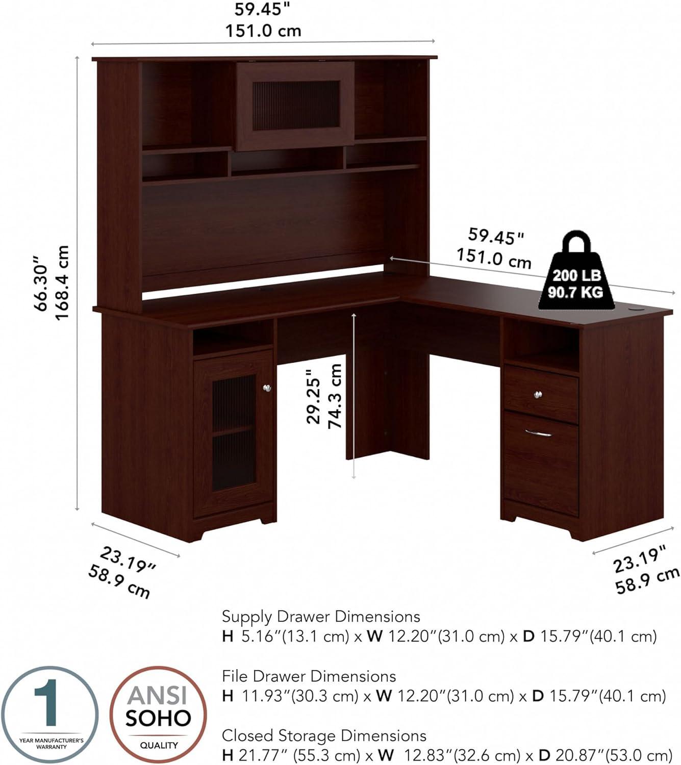 Bush Furniture Cabot 60" L Desk and Hutch with Storage, Harvest Cherry