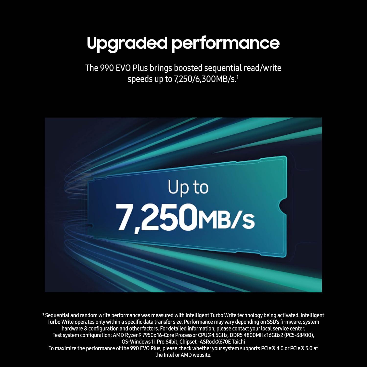 SAMSUNG 990 EVO PLUS SSD 4TB, PCIe Gen 4x4 | Gen 5x2 M.2 2280, Speeds Up-to 7,250 MB/s, Upgrade Storage for PC/Laptops, HMB Technology and Intelligent Turbowrite 2.0 (MZ-V9S4T0B/AM)