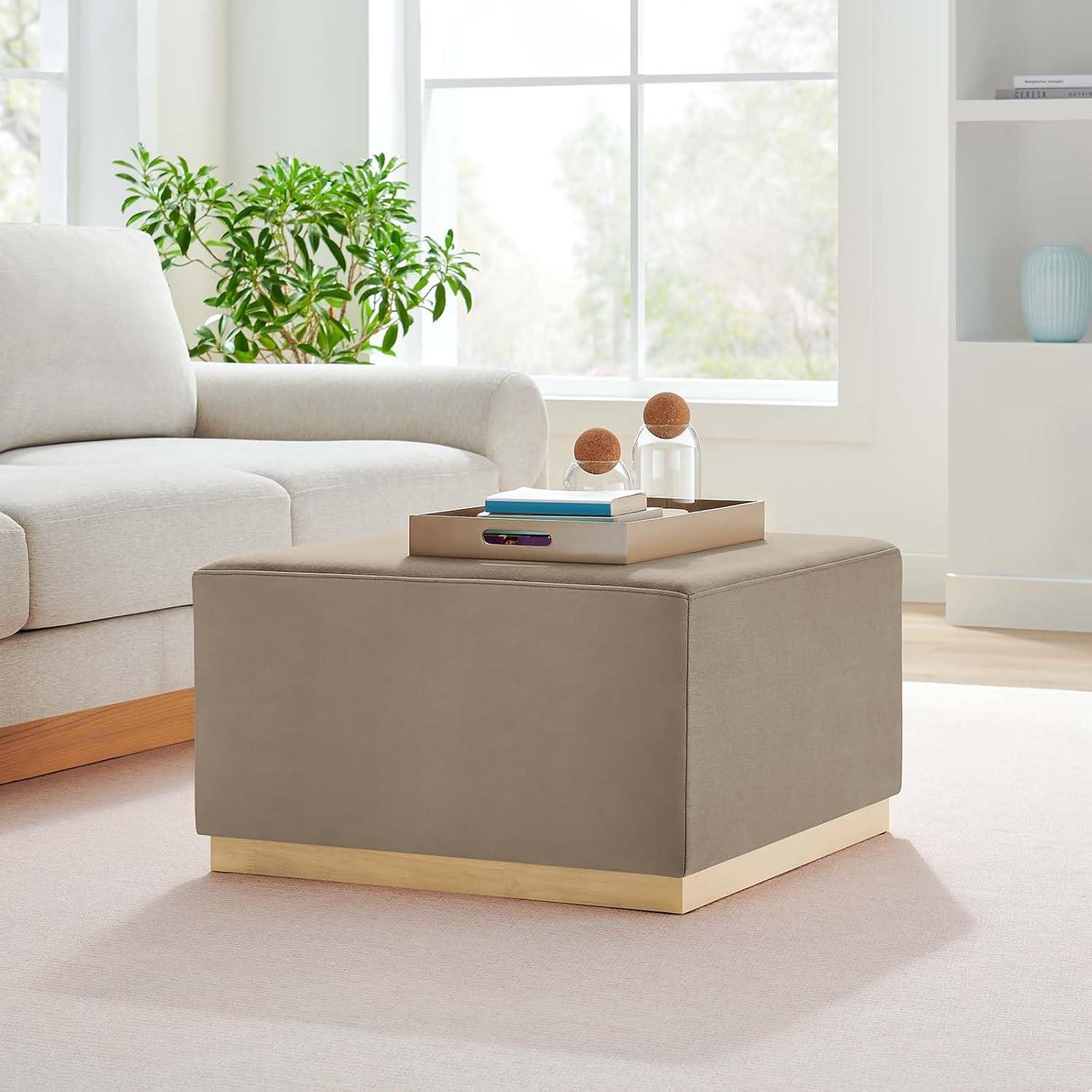 Tilden Taupe Velvet Upholstered Square Ottoman with Rubberwood Base