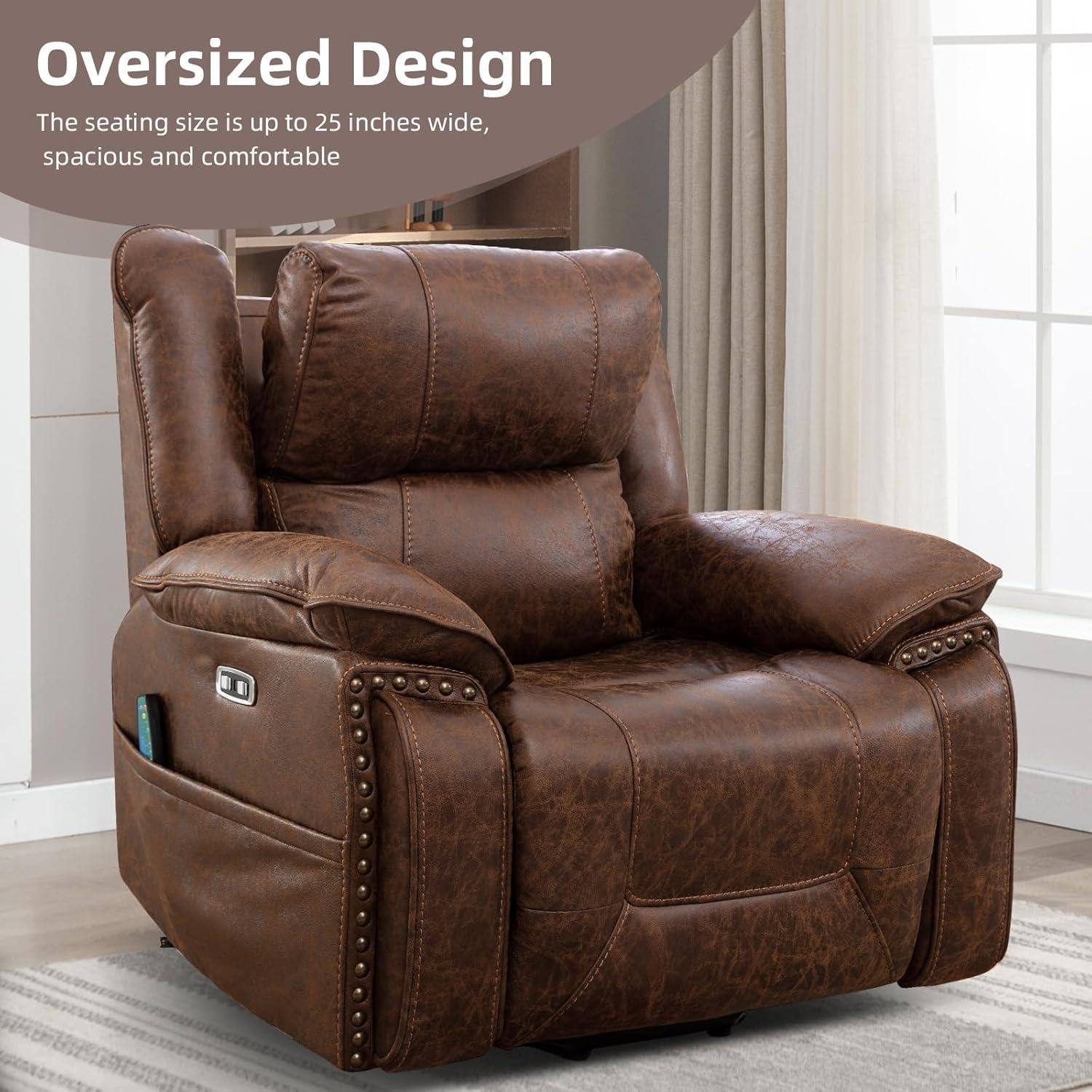 CANMOV Power Recliner Chair Electric Home Theater Seating Soft Leather Movie Chair for Living Room Overstuffed Single Reclining Sofa with Hidden Arm Storage, Cup Holders and USB Ports