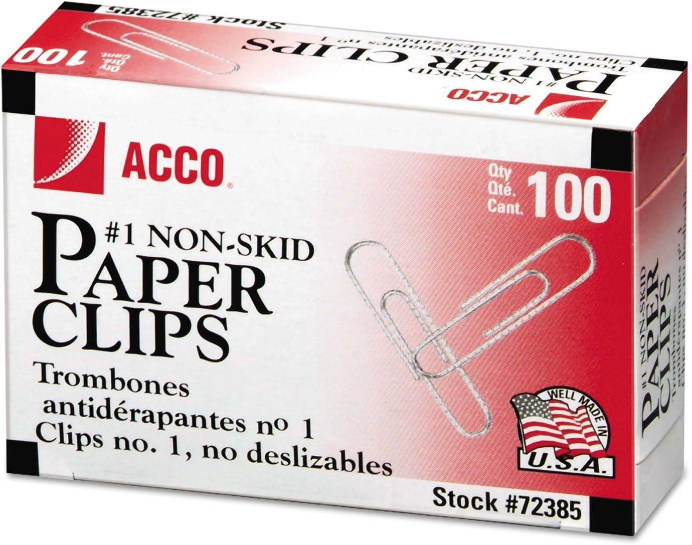 ACCO Paper Clips, #1, Nonskid, Silver, 100 Clips/Box, 10 Boxes/Pack