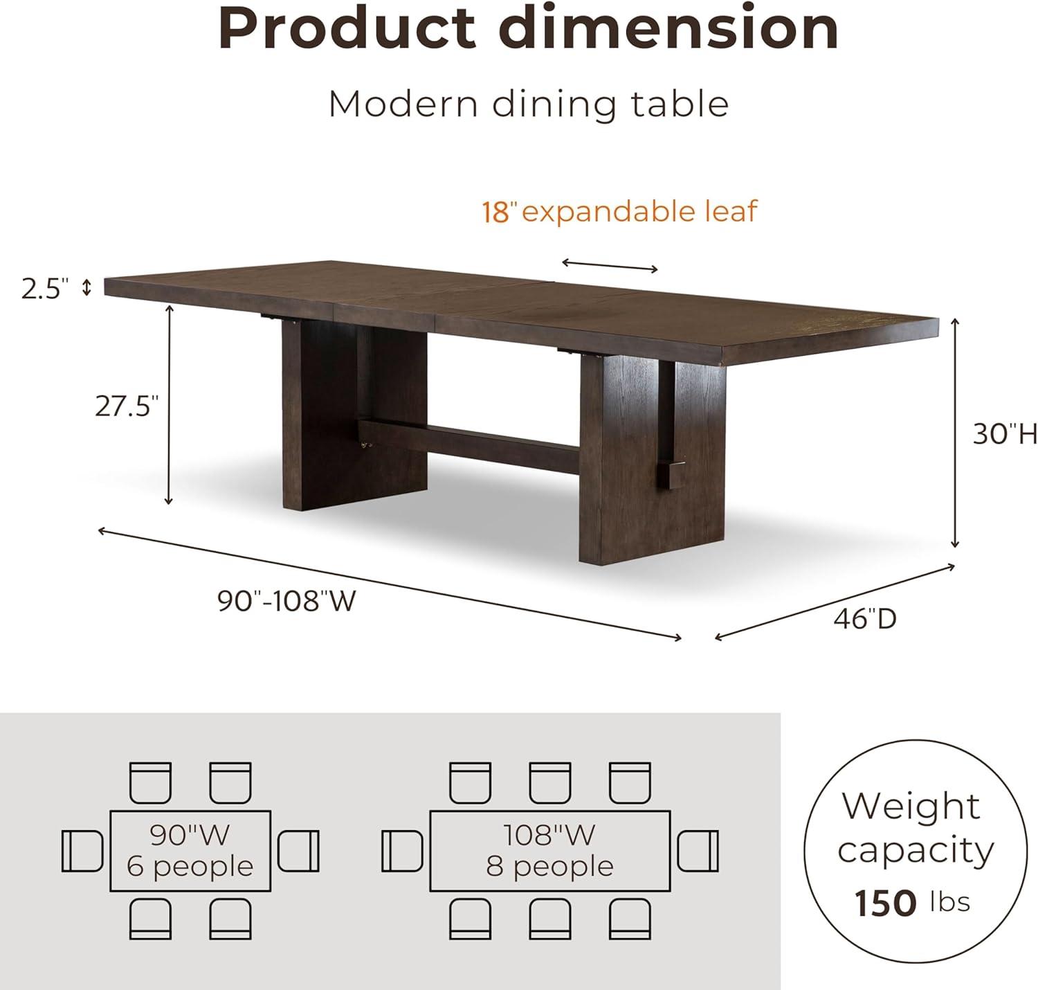 Goddard Dark Walnut Solid Wood Extendable Dining Table, 108-inch