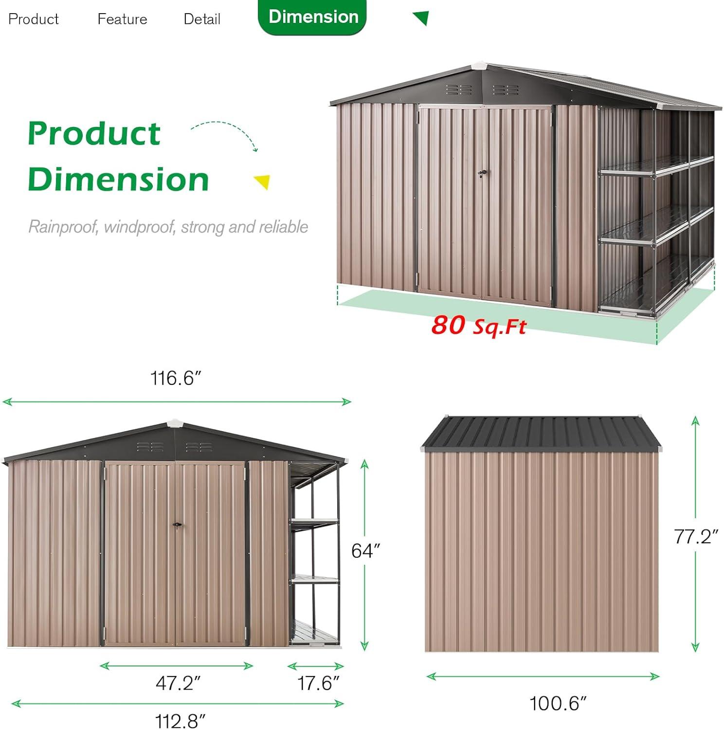 AECOJOY 10x8 Brown Metal Outdoor Storage Shed with Shelves