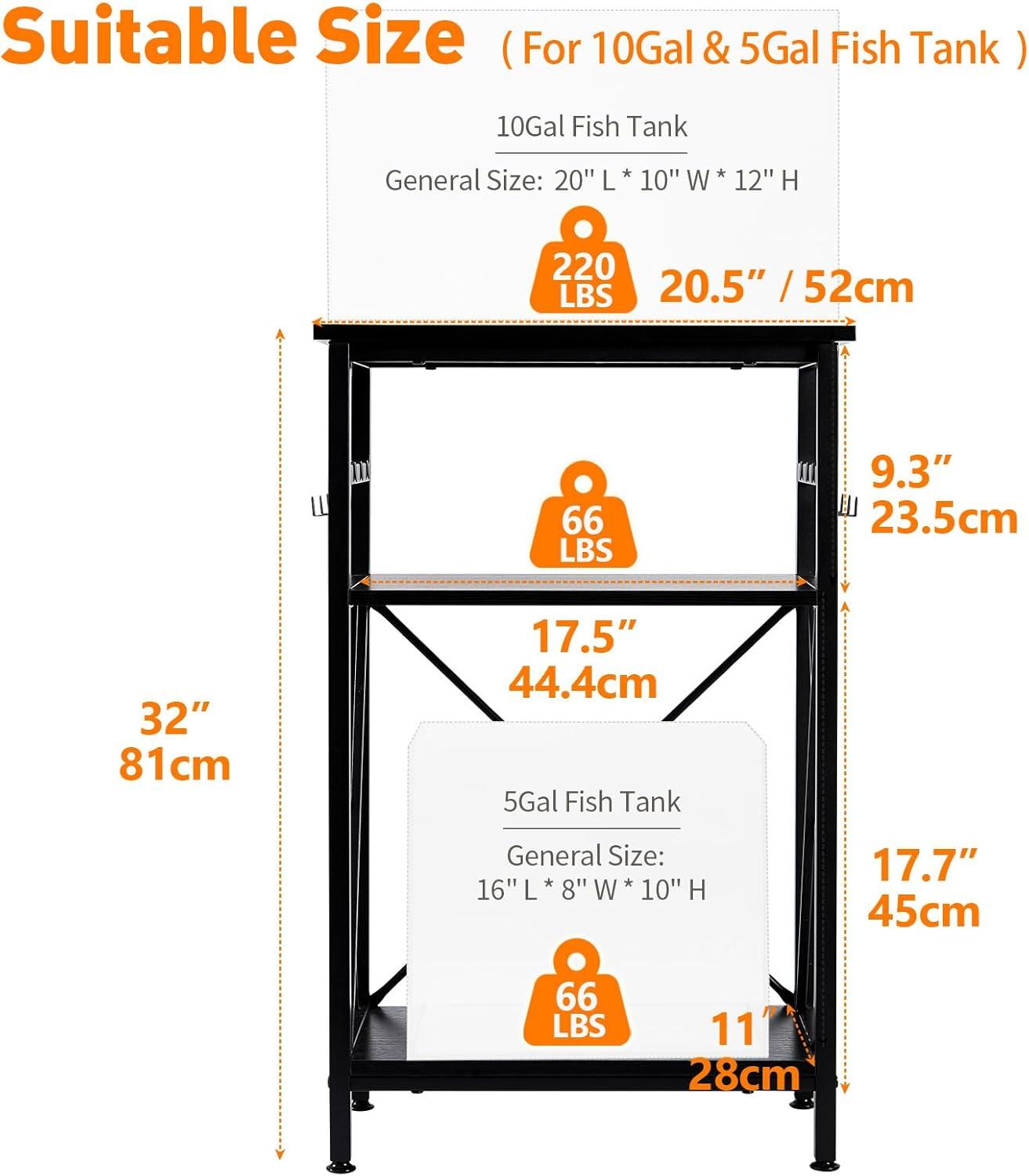 Black Metal 3-Tier Fish Tank Stand with Storage Shelf