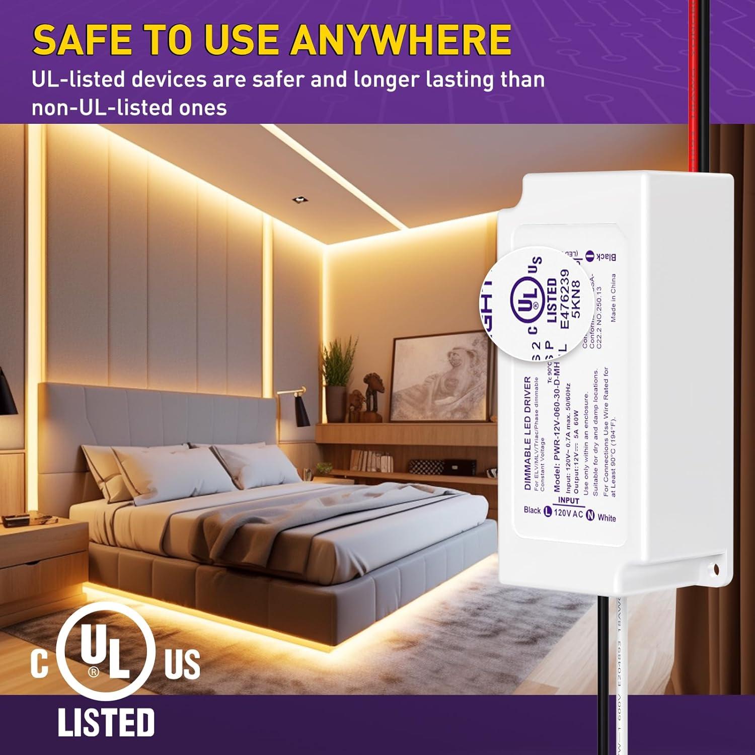 HitLights 60W Dimmable LED Driver, Electronic Transformer, 120V AC to 12V DC Power Supply for LED Strip Light, Low Voltage Lighting Project, Compatible with Lutron Leviton Dimmers, UL Listed, Class 2