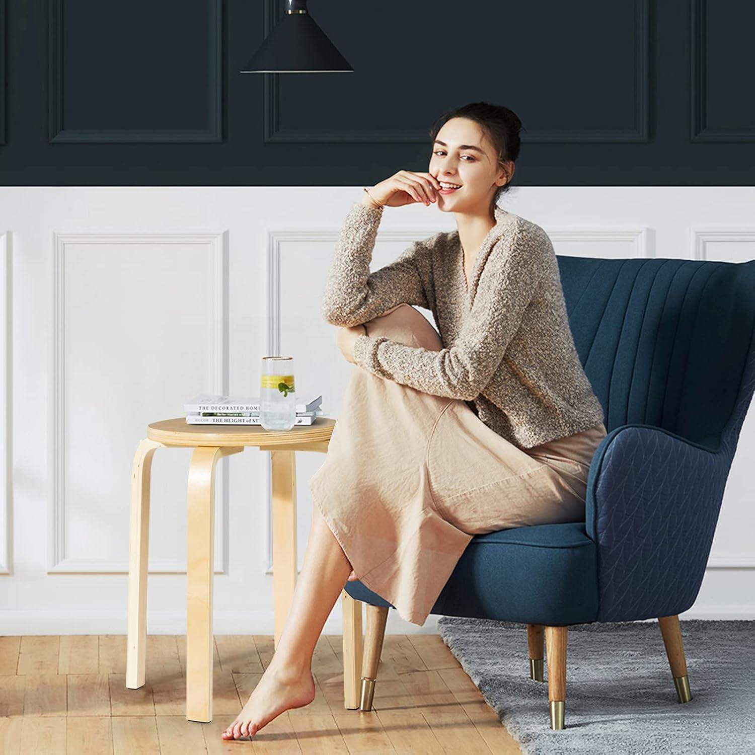 GVN Stackable Stools Set of 4 with Square Top and Rounded Corners-Natural, Dining Room Chairs, Lounge Chair for Kitchen, Dining, Bedroom, Living