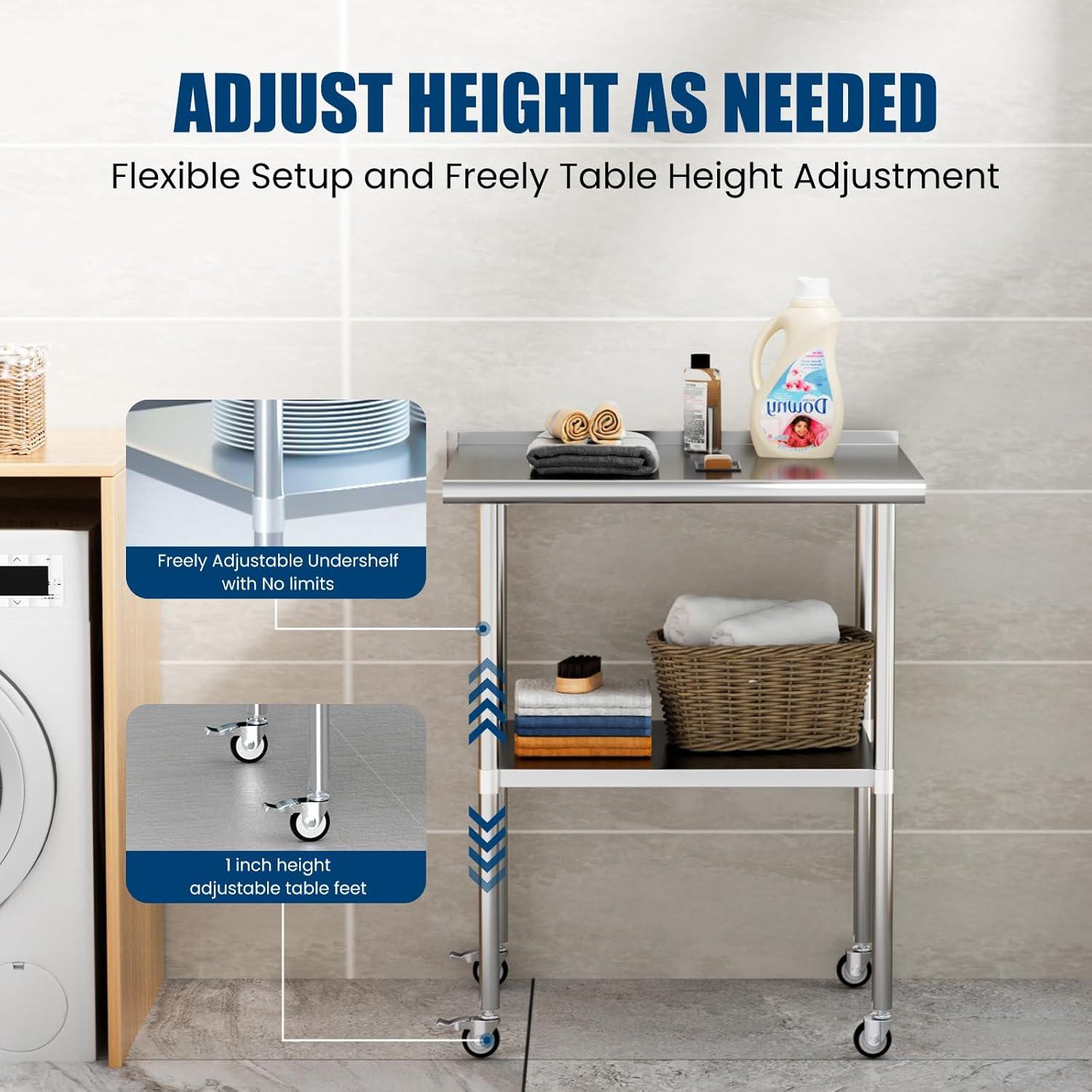 Heavy Duty Stainless Steel Kitchen Prep Table with Adjustable Undershelf and Wheels