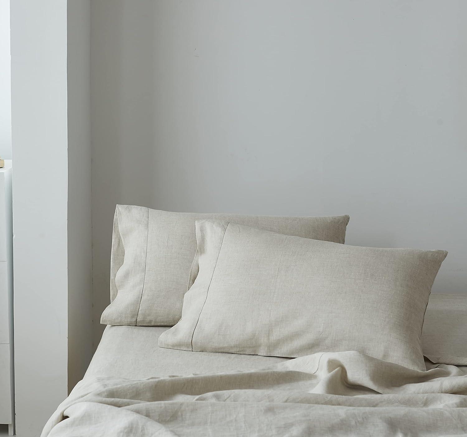 Simple&Opulence 100% French Linen Pillowcase Queen Size-Set of 2- Washed Solid Color Pillow Cases Embroidered -Soft and Durable (Linen, 20''x30'')