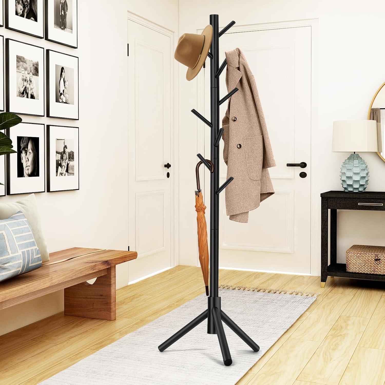 Adjustable Black Pinewood Coat Rack with 8 Hooks