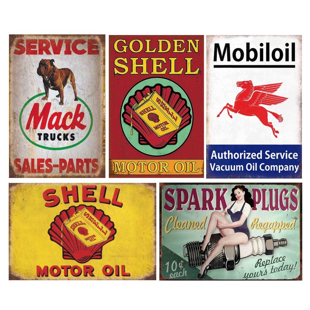 Reproduced Vintage Tin Sign Pack, Gas Oil Retro Advert Antique Metal Signs for Garage Man Cave Bar Kitchen, Nostalgic Car Decor, 8x12 Inch (35 Pieces A)