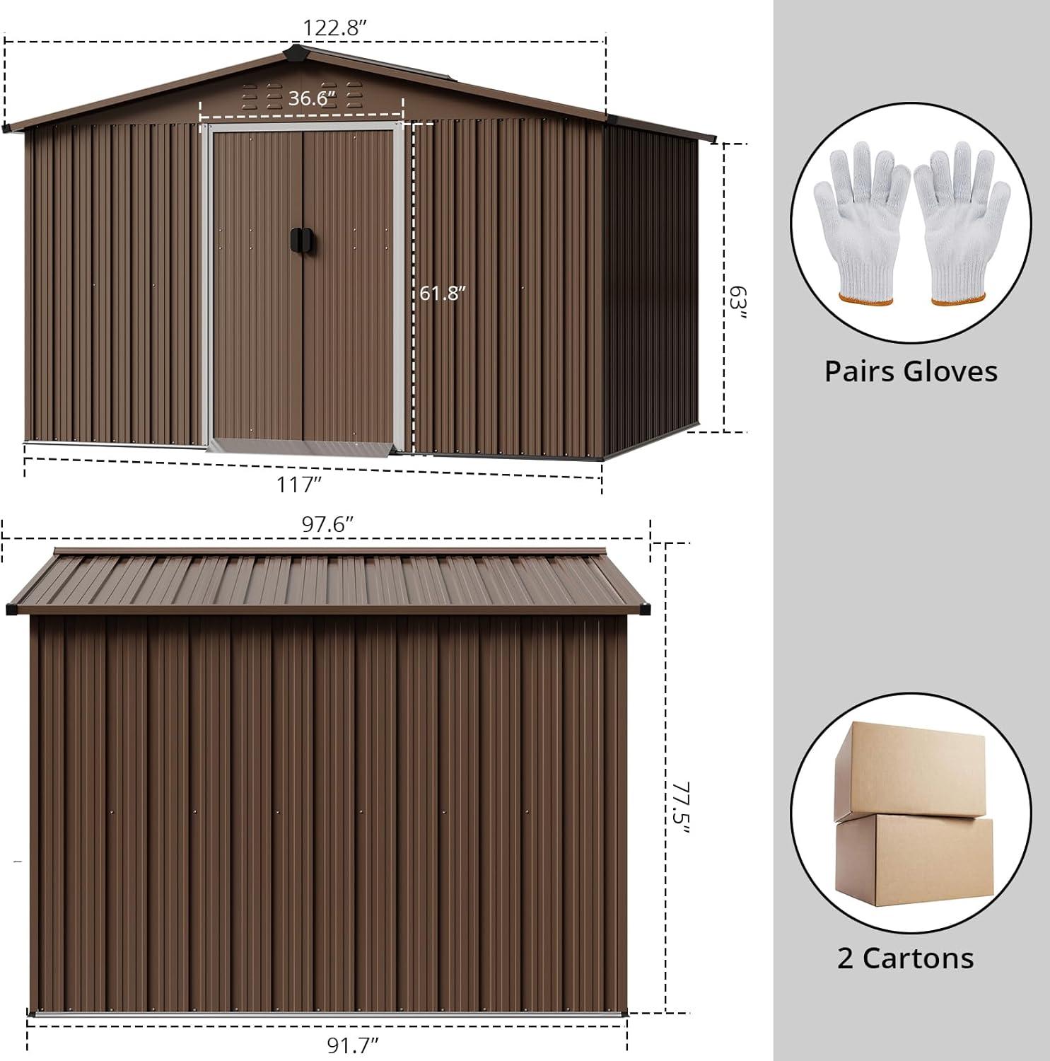 Brown 8' x 10' Metal Outdoor Storage Shed with Windows