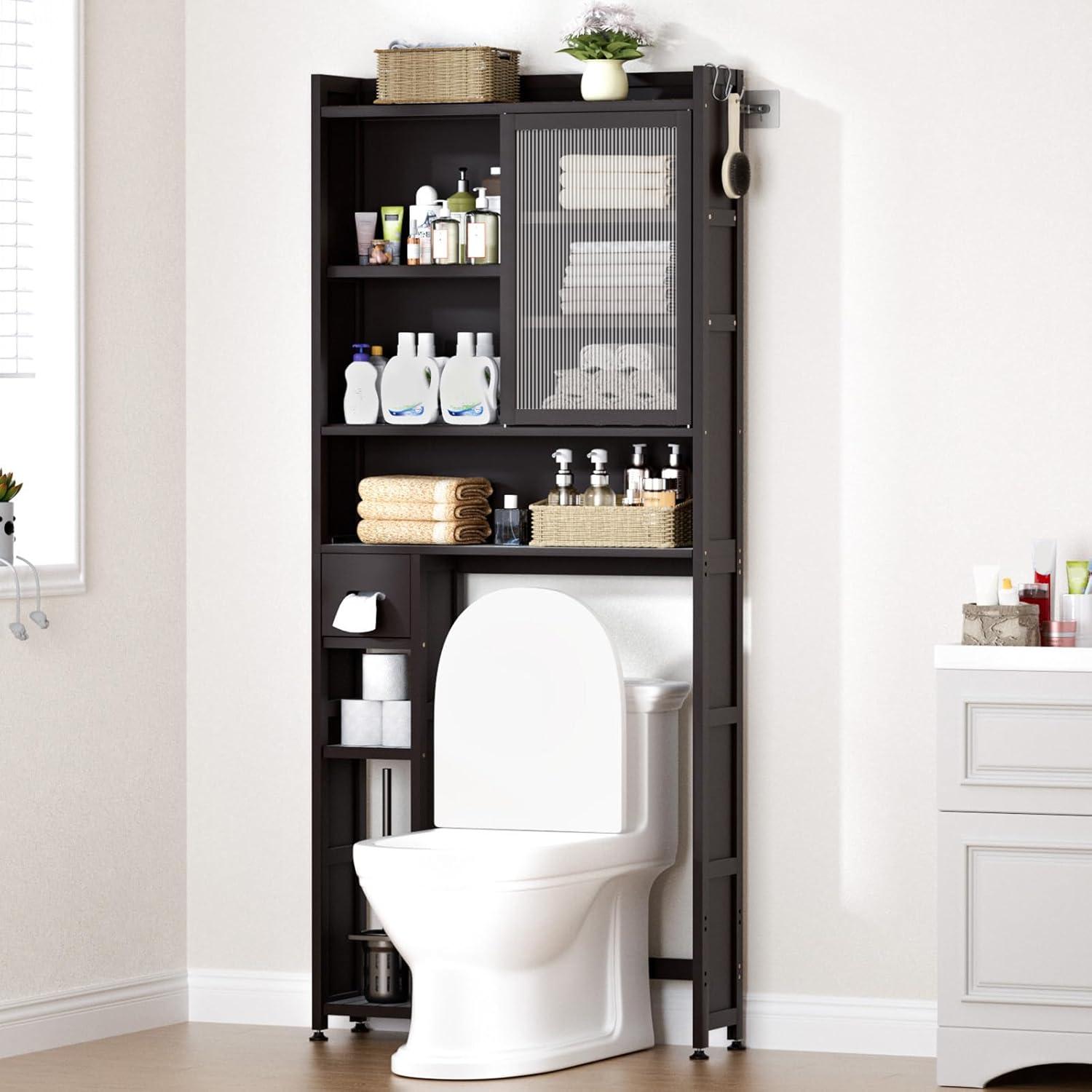 Latitude Run® Over The Toilet Storage Cabinet With Acrylic Door Panel And Paper Towel Drawer, Bamboo Space Saver Shelf, Bathroom Organizer Rack