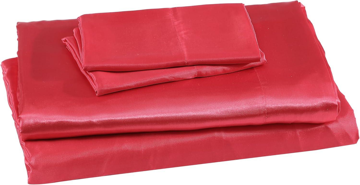 Luxurious Red Satin Polyester Full Sheet Set