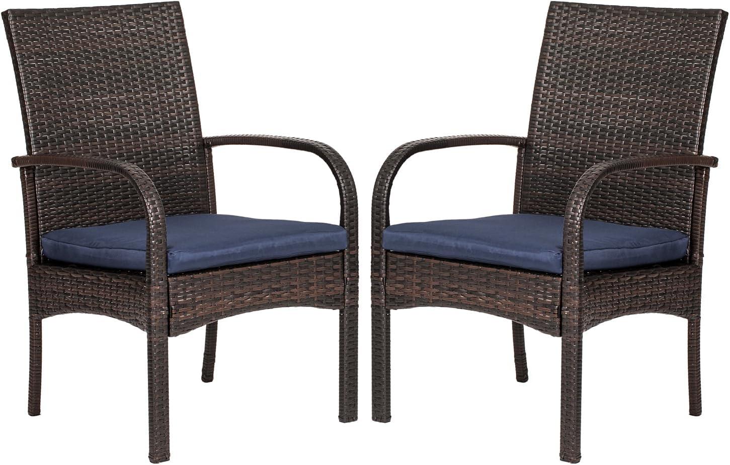 Brown Wicker Outdoor Dining Chairs with Blue Cushions, Set of 2