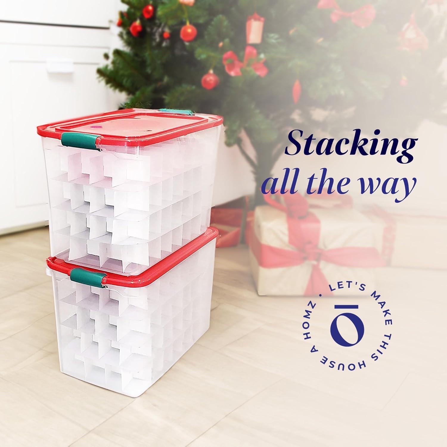 HOMZ 112-Quart Holiday Clear Plastic Ornament Storage, Red/Green, 4 Pack
