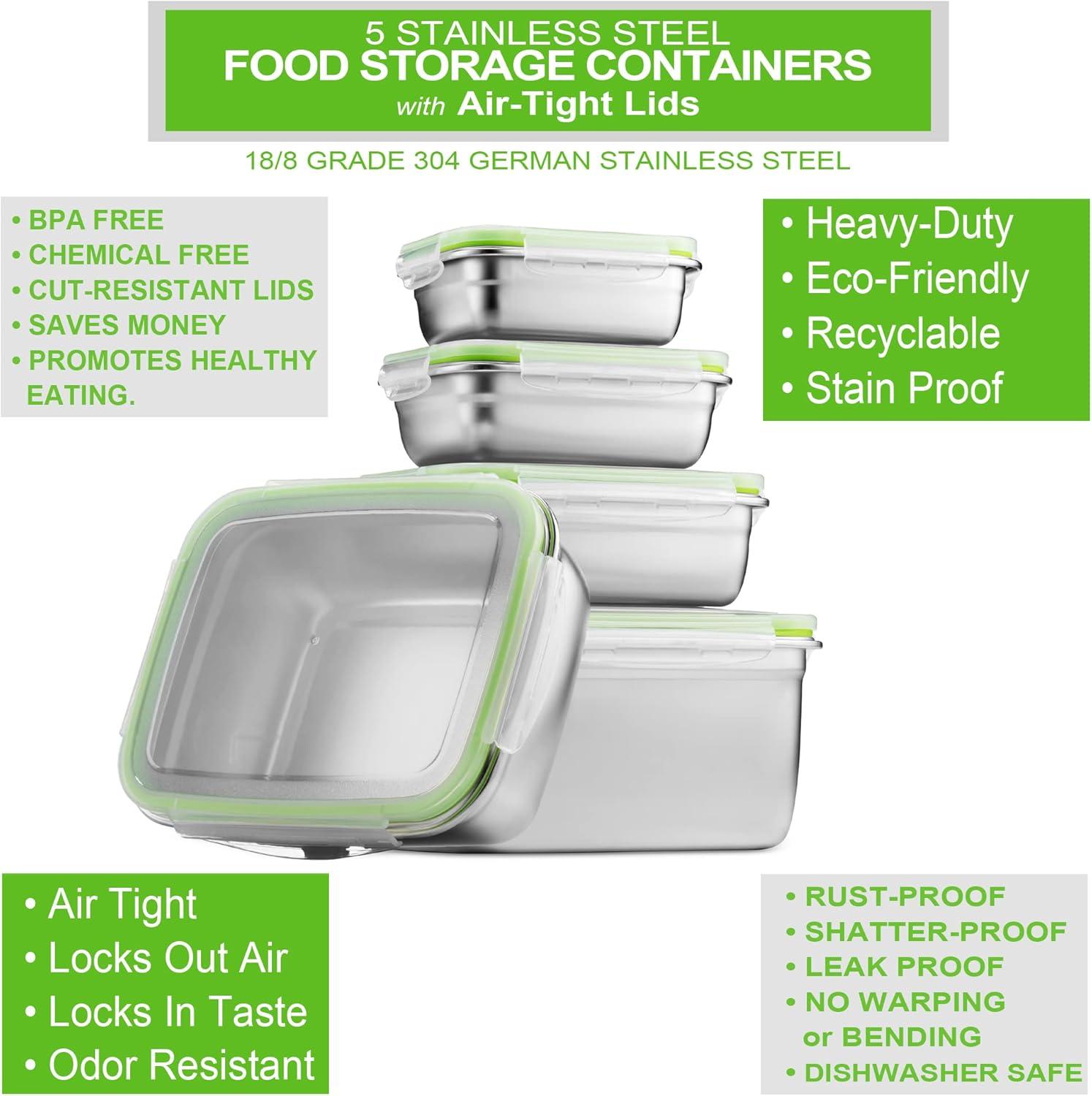 Stainless Steel Food Storage Containers - Set of 5 | Leak Proof & Airtight Lids | BPA Free | Dishwasher & Freezer Safe