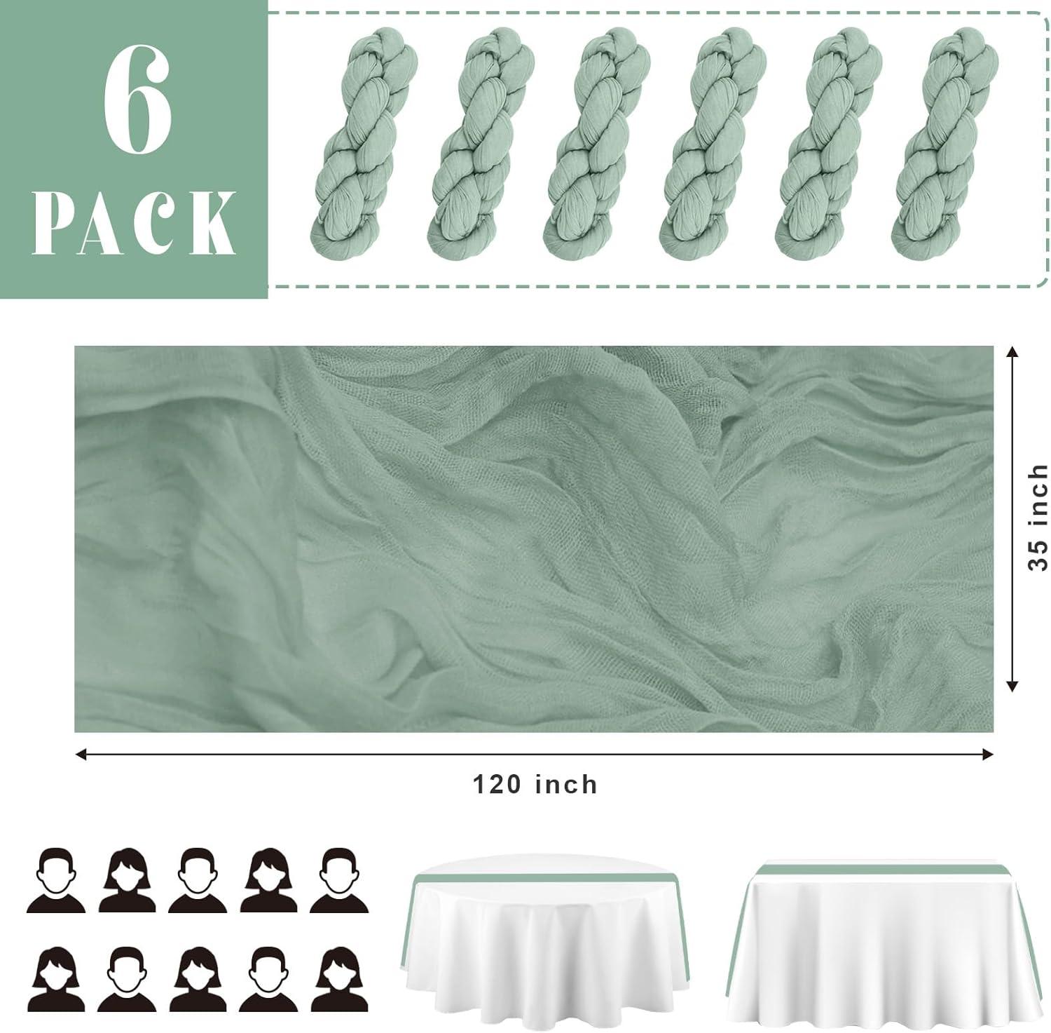 Mint Green Cheesecloth Table Runner 6 Pack 35" Boho Gauze Runner 120 inches Long Tablecloth Runner Rustic Sheer Fabric Bulk for Baby Shower Wedding Bridal Birthday Party Table Decorations