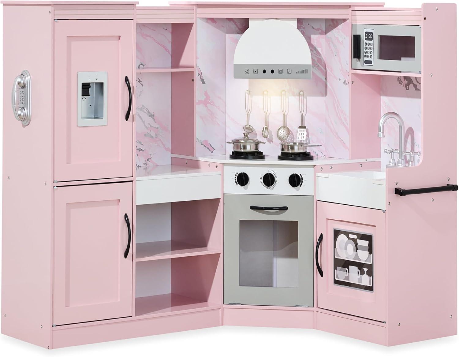 Best Choice Products Pretend Play Corner Kitchen, Interactive Wooden Kids Set w/ Lights & Sounds - Pink