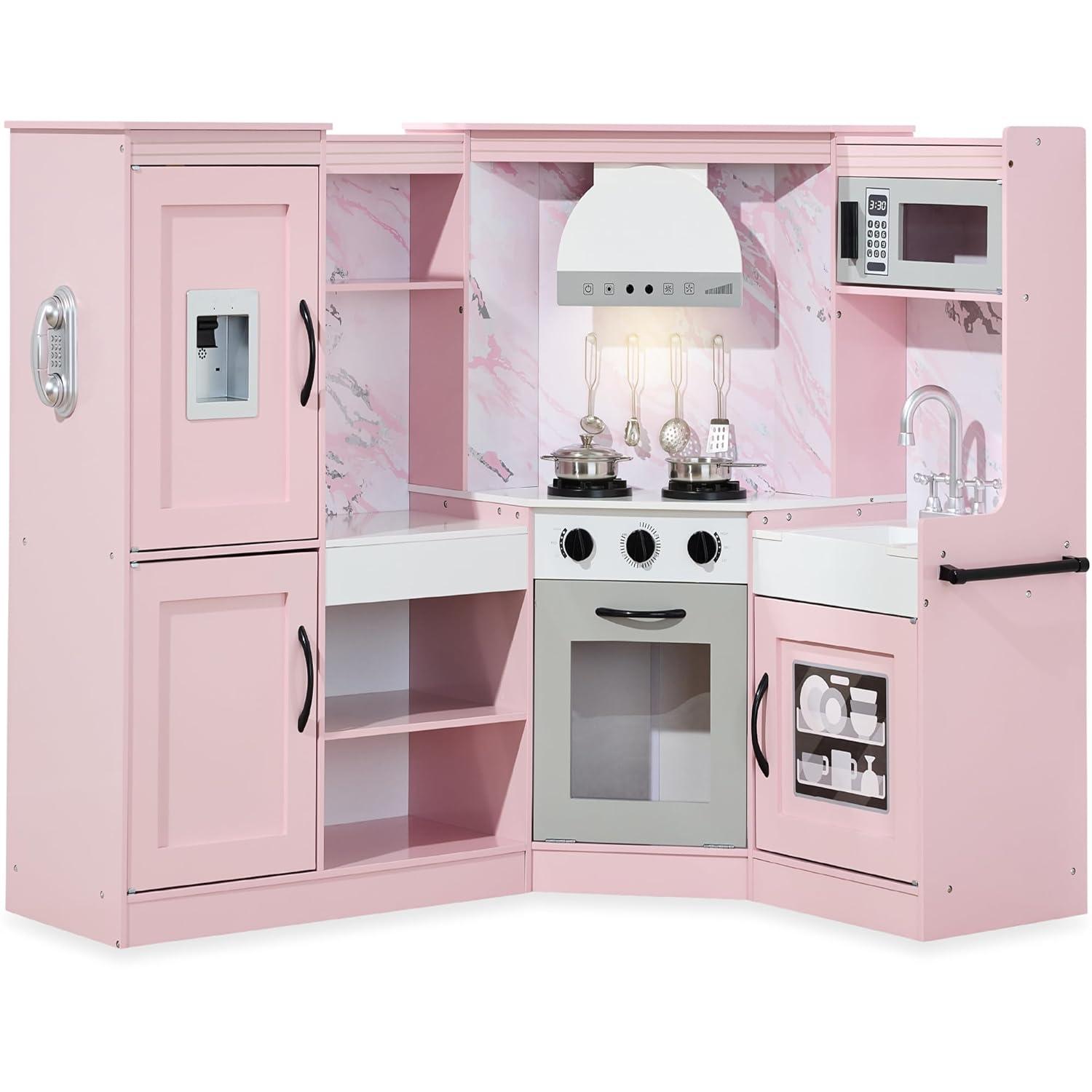 Best Choice Products Pretend Play Corner Kitchen, Interactive Wooden Kids Set w/ Lights & Sounds - Pink