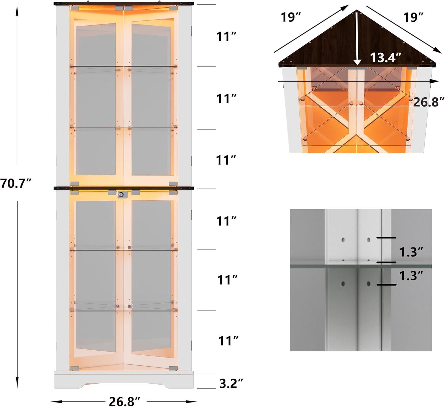 PAKASEPT 71'' Farmhouse Display Curio Cabinet with LED Lights,Tempered Glass Doors,6 Shelves,Corner Wine Cabinet Storage Rack for Bar and Liquor Storage,White (1, Triangular)