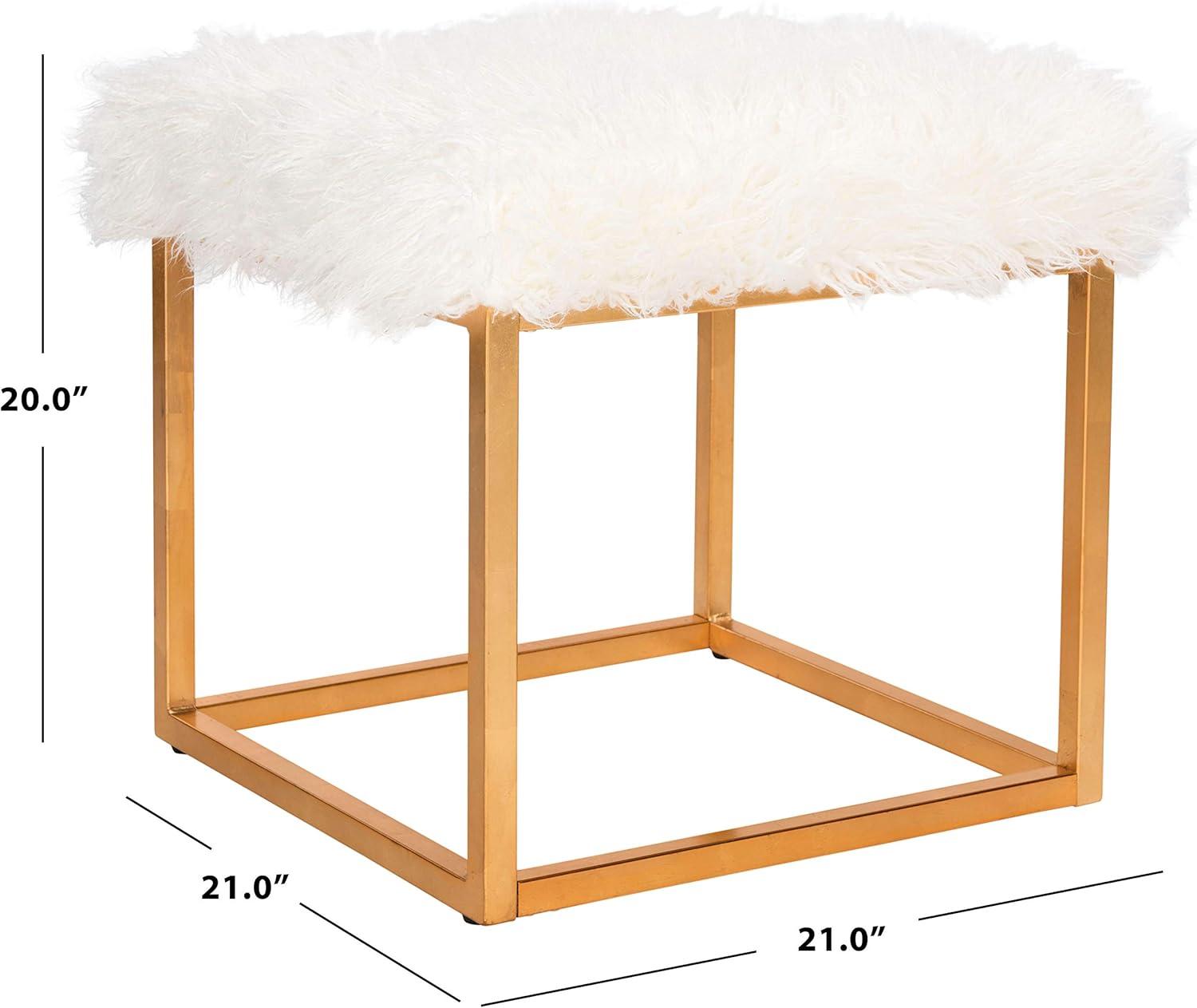 Rowan White Faux Sheepskin Square Ottoman with Gold Finish