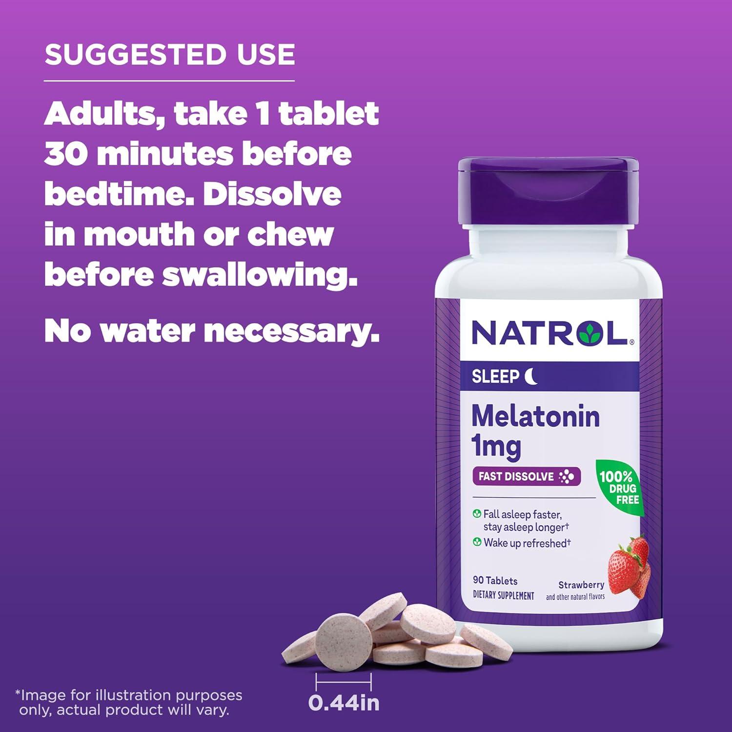 Natrol Fast Dissolve Melatonin 1 mg, Melatonin Supplements for Restful Sleep, Sleep Support for Adults, 90 Strawberry-Flavored Tablets, Up to a 90 Day Supply