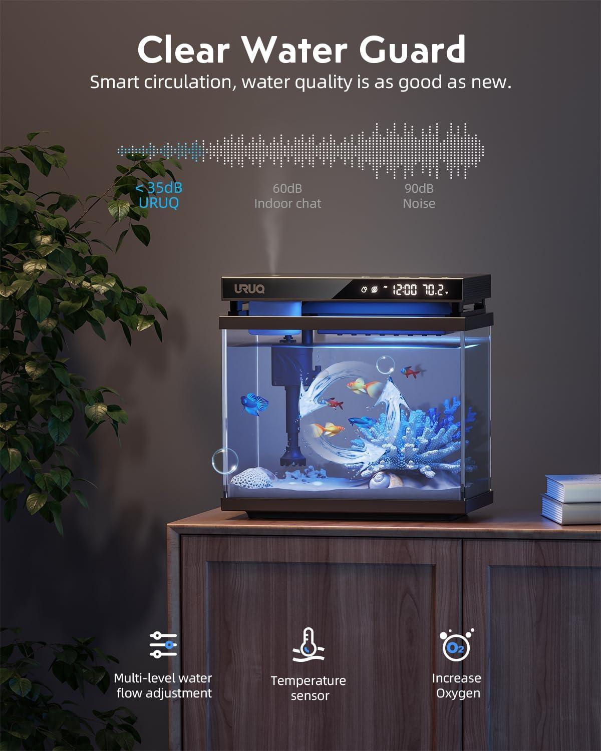 Latitude Run® Fish Tank Smart Aquarium Kit: 2 Gallon UHD Glass Silent Water Pump Self Cleaning Multi Layer Filtration System - Temperature Sensing 7-Color Lighting For Small Fish Betta Kids Room Desktop Decor