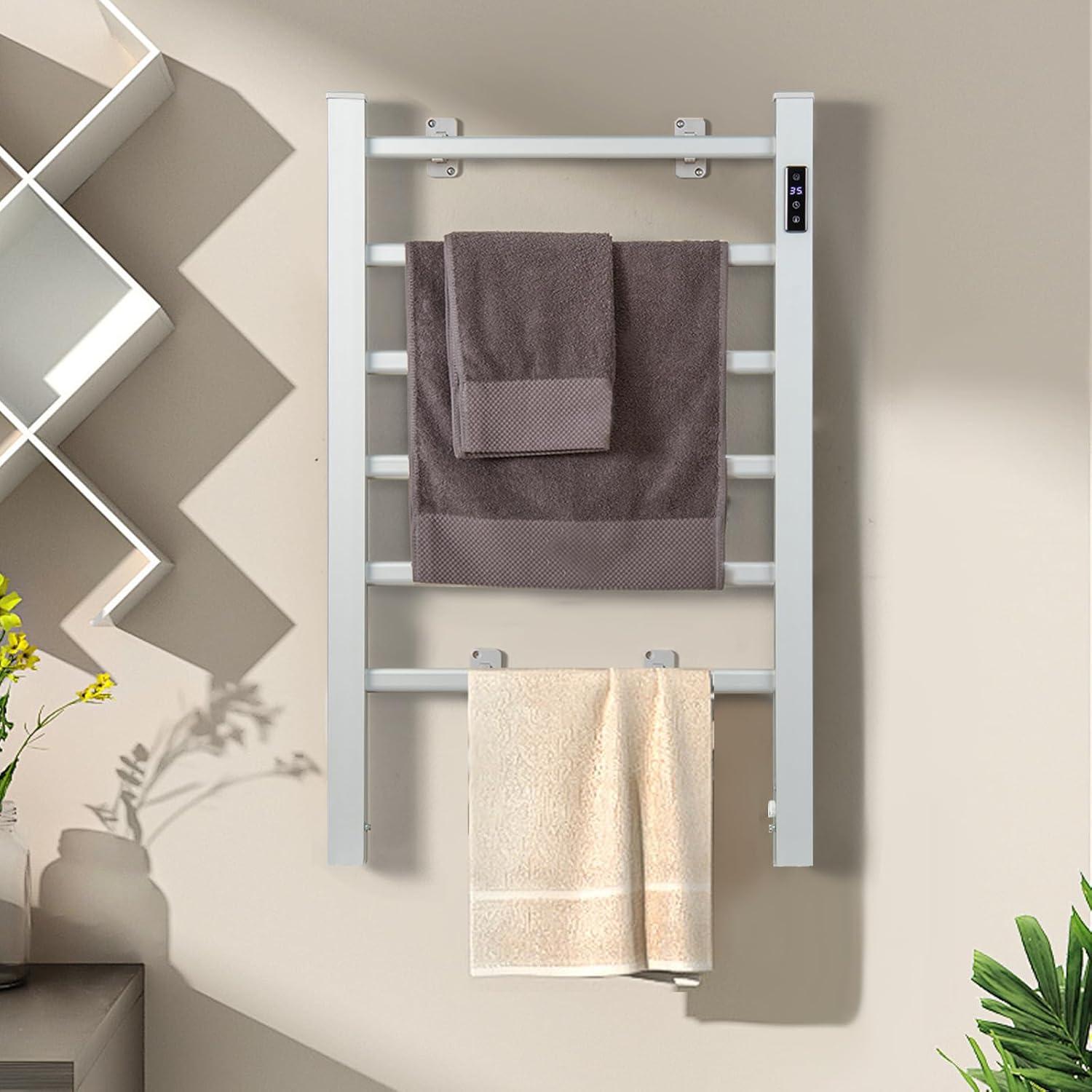 Topcobe Freestanding and Wall-Mounted 6 Bars Towel Warmer with Timer and LED Display, Bathroom Furniture, Electric Heated Towel Racks for Bathroom, Silver